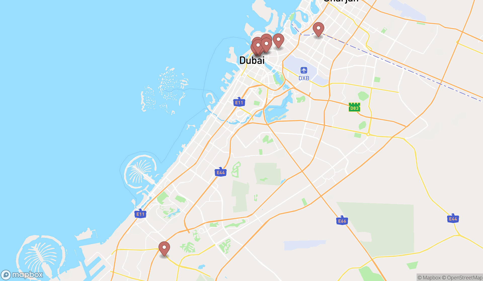 Map showing the search results in Dubai