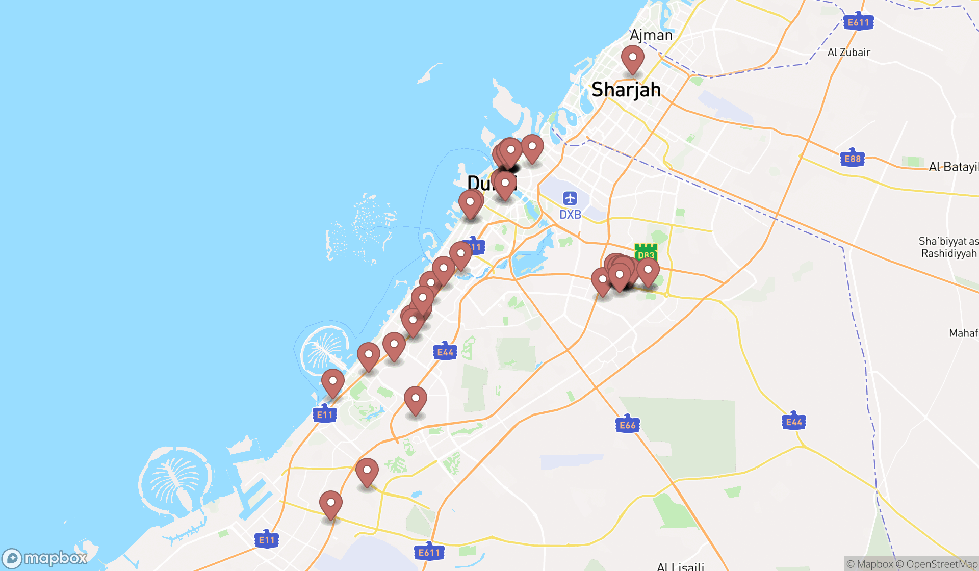 Map showing the search results in Dubai