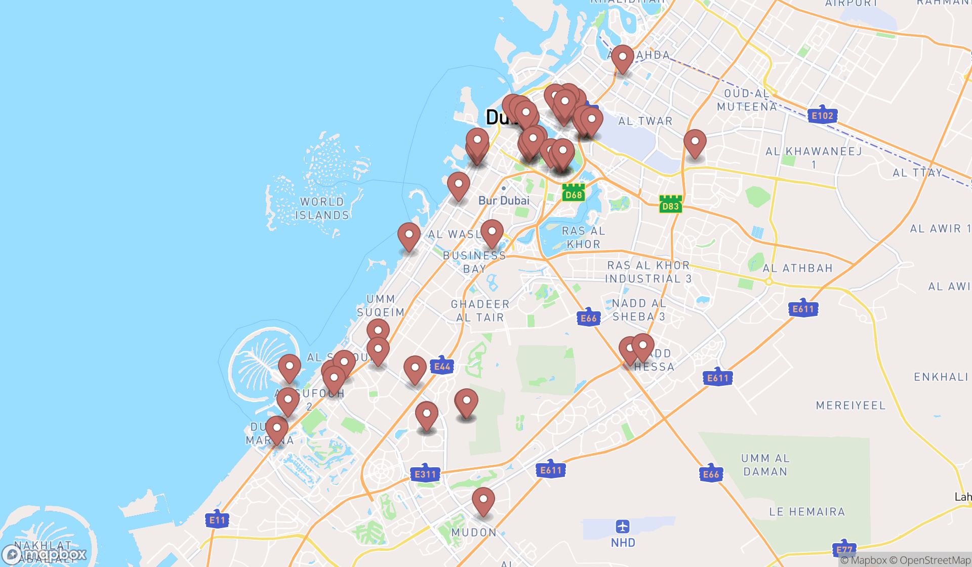 Map showing the search results in Dubai