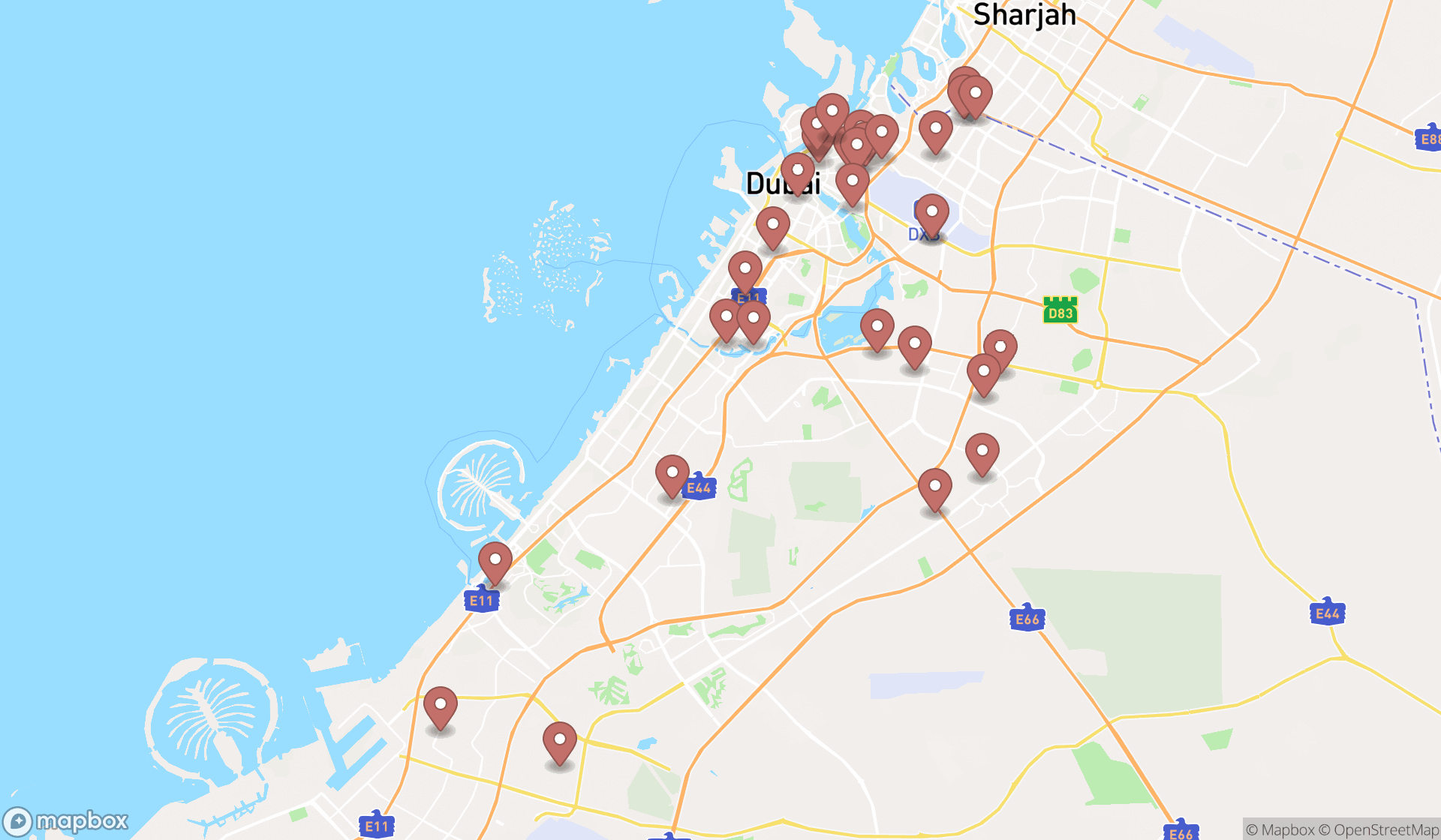 Map showing the search results in Dubai