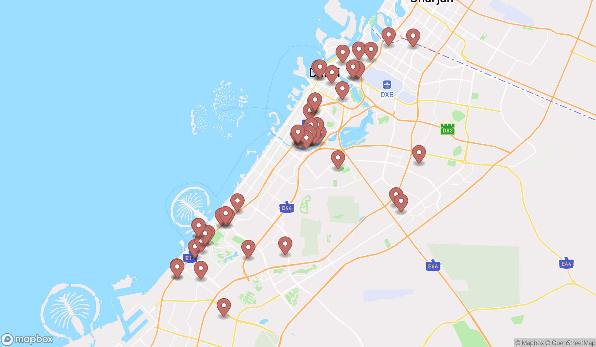 Map showing the search results in Dubai
