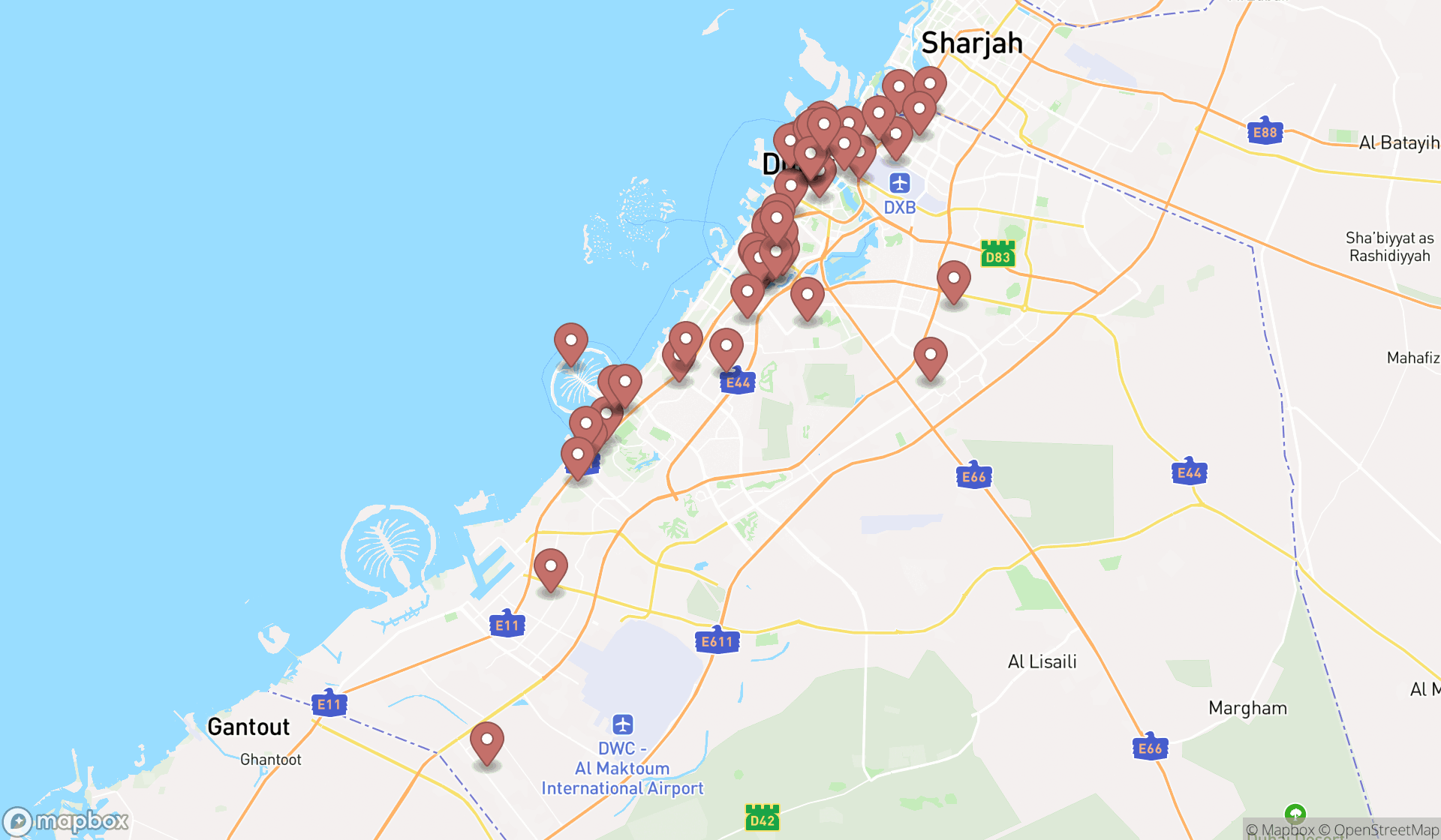 Map showing the search results in Dubai