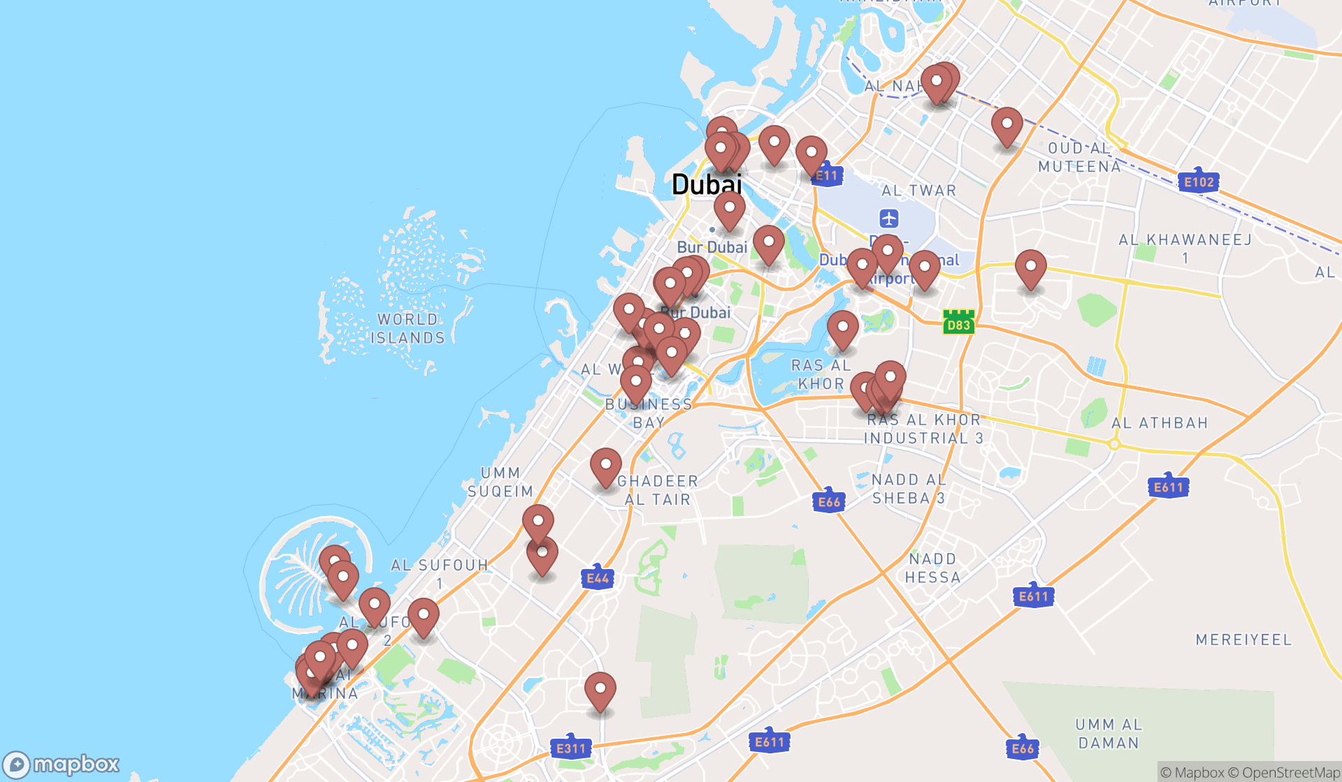 Map showing the search results in Dubai