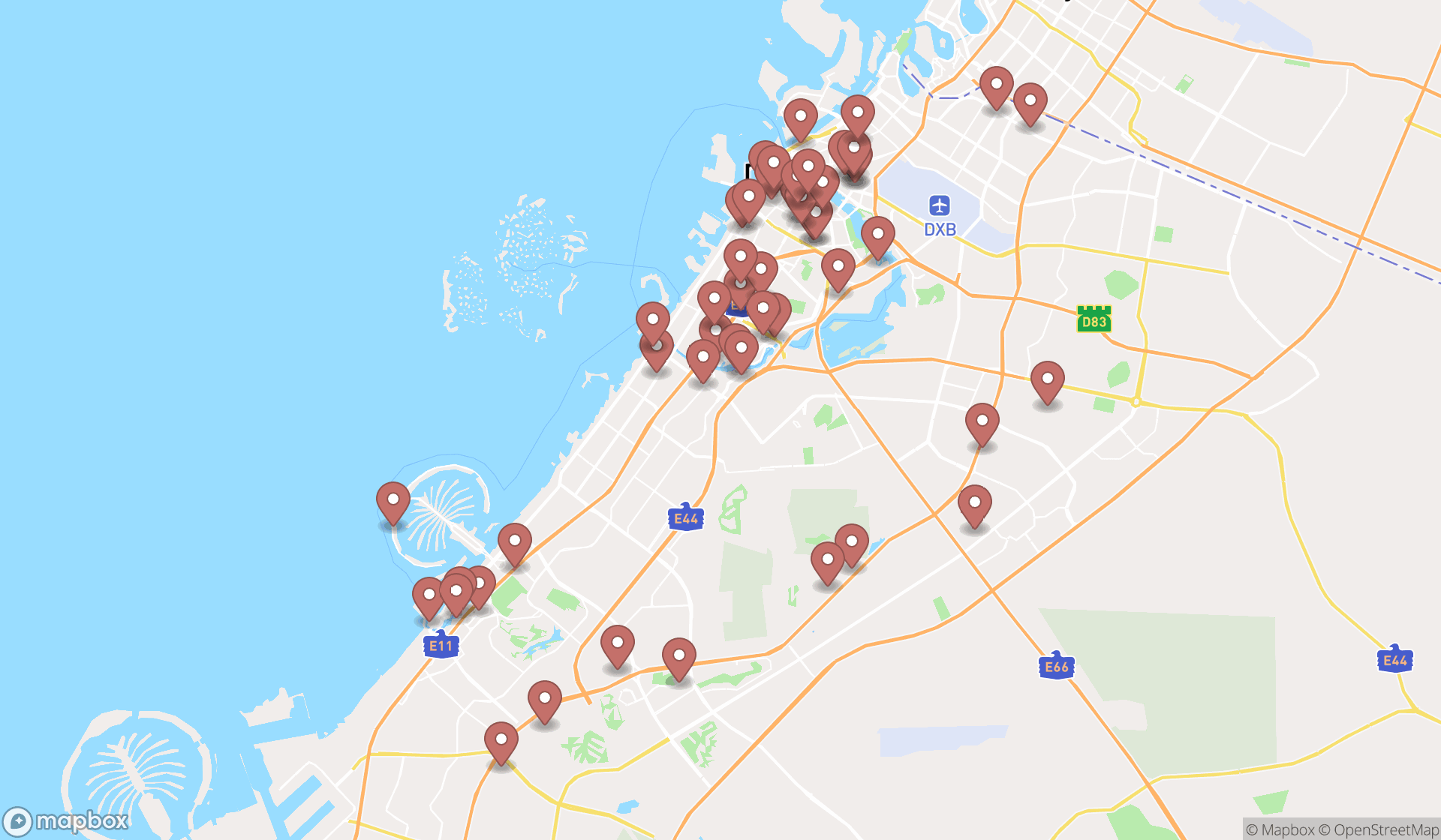 Map showing the search results in Dubai