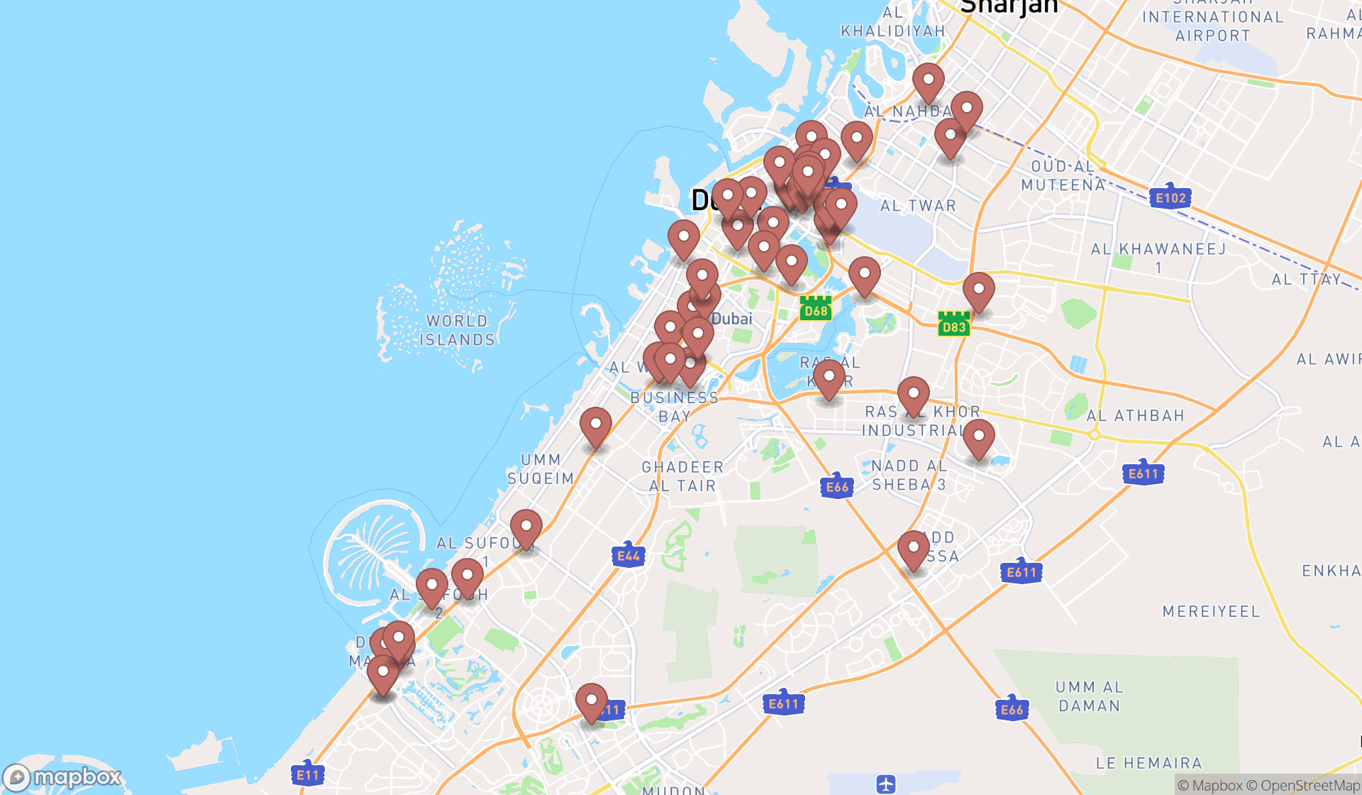 Map showing the search results in Dubai