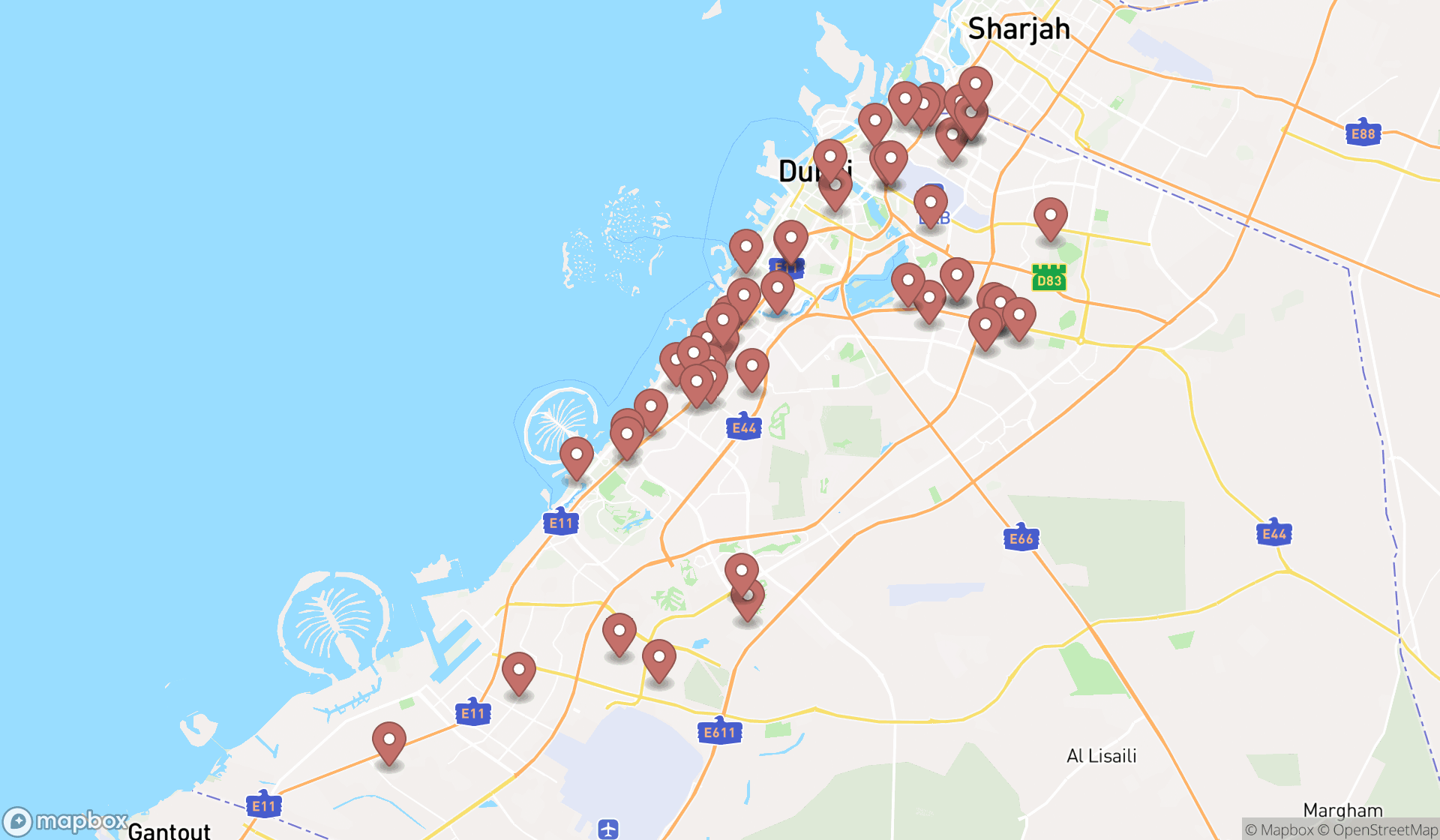 Map showing the search results in Dubai