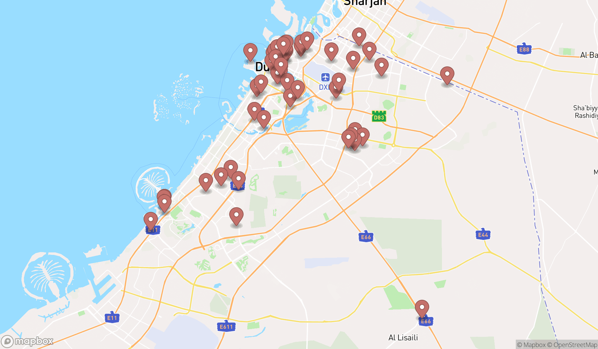 Map showing the search results in Dubai
