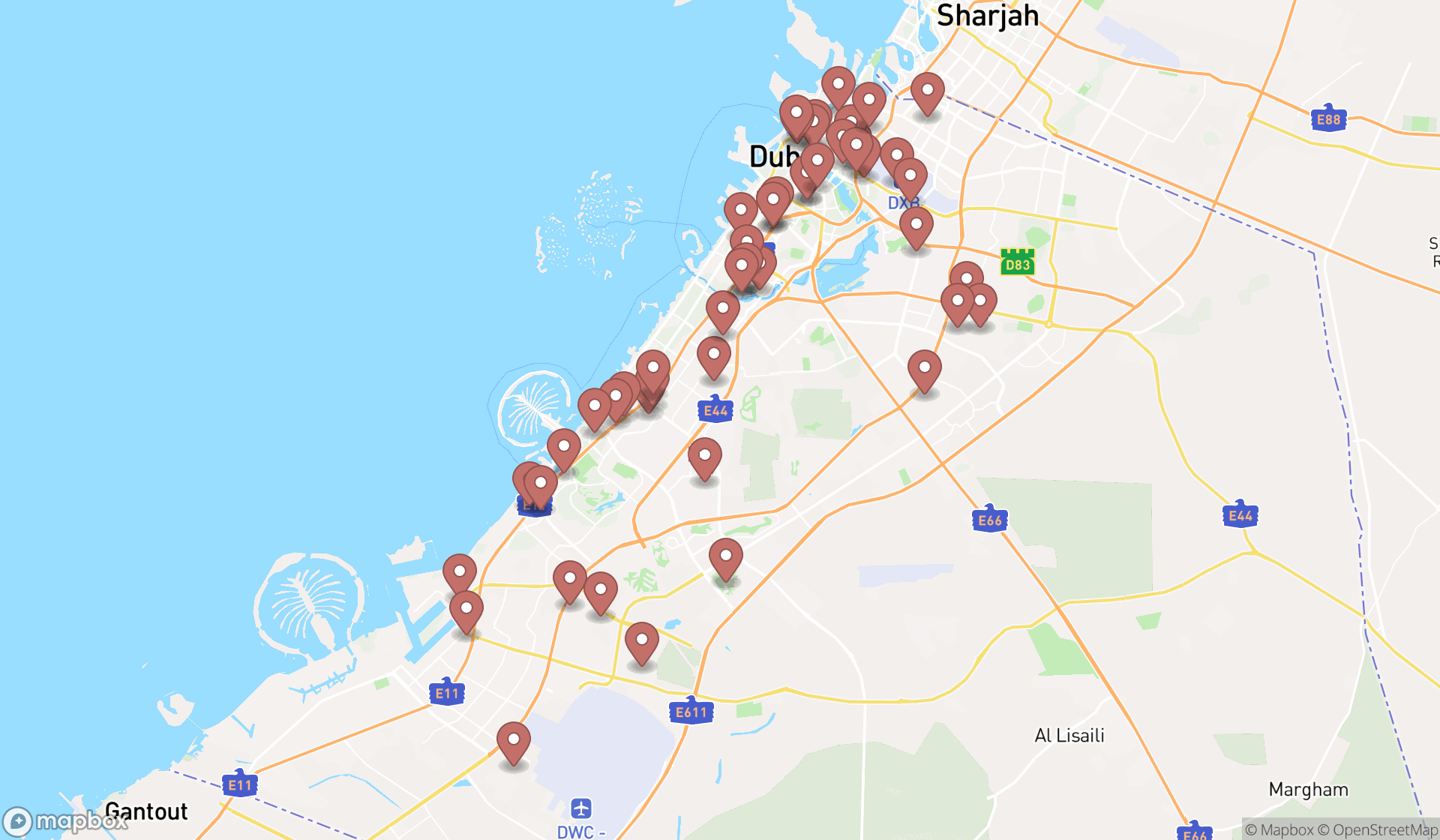 Map showing the search results in Dubai