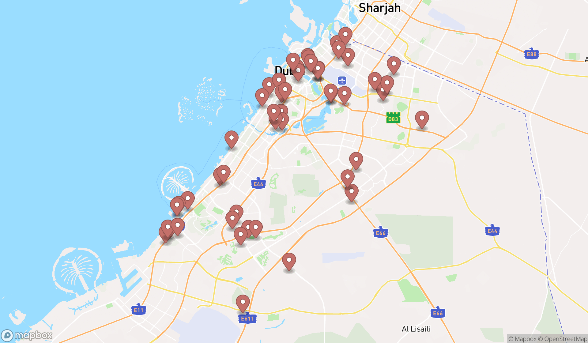 Map showing the search results in Dubai