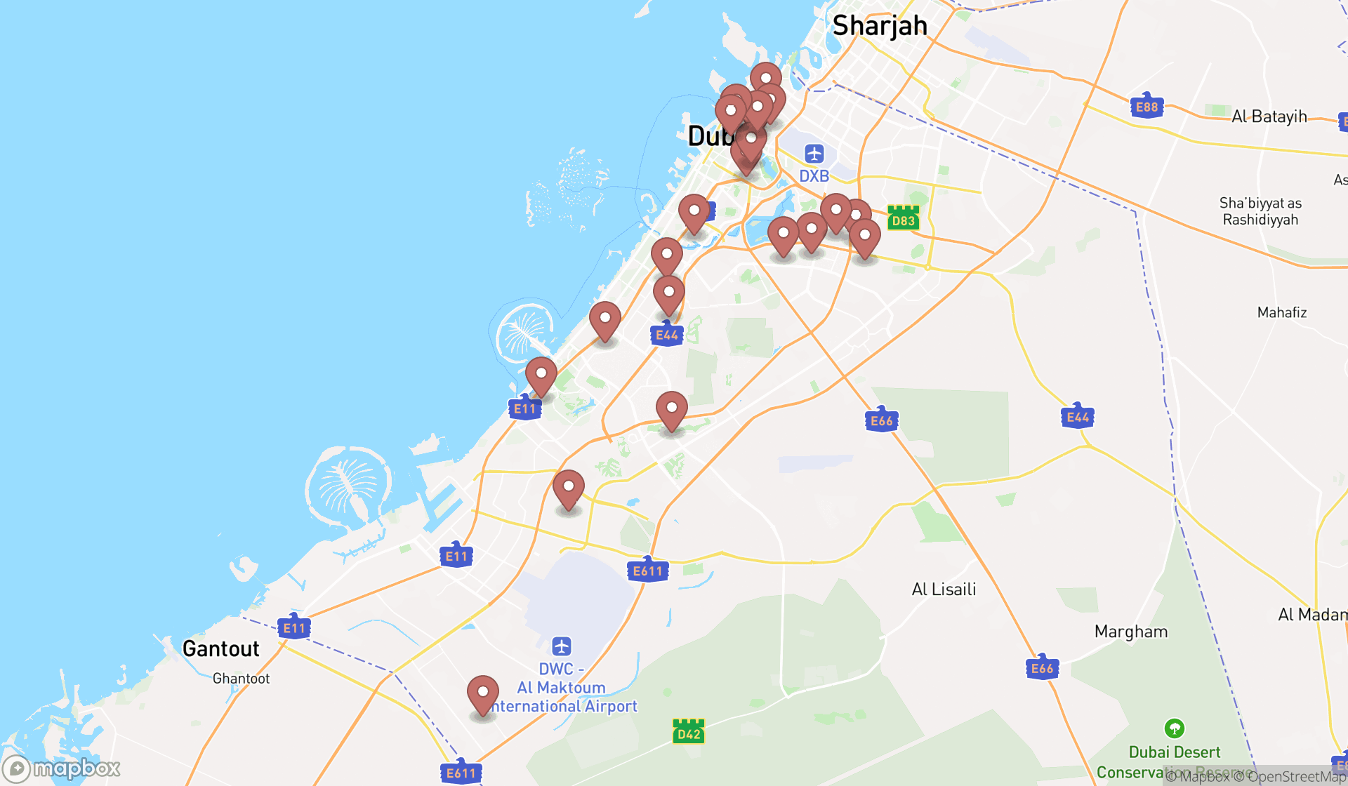Map showing the search results in Dubai