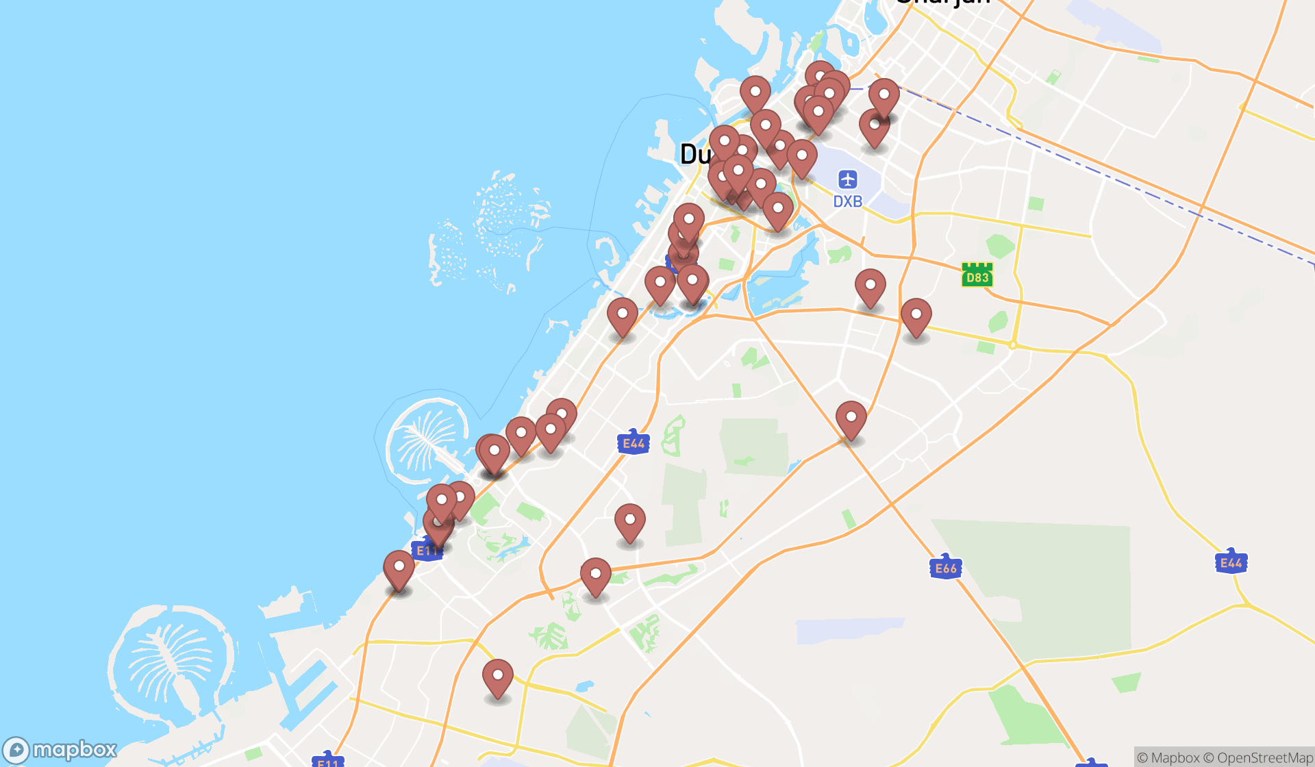 Map showing the search results in Dubai