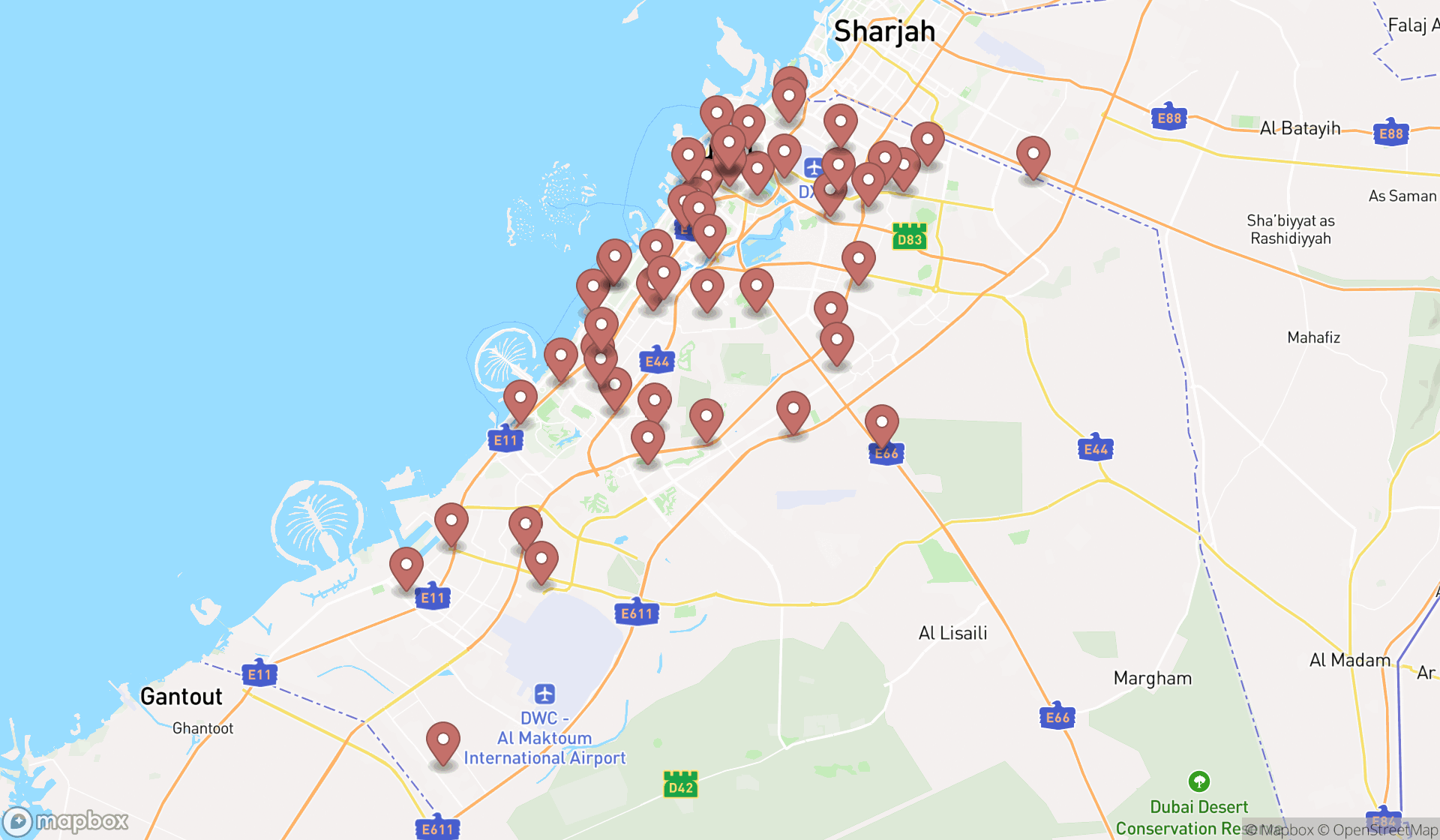 Map showing the search results in Dubai