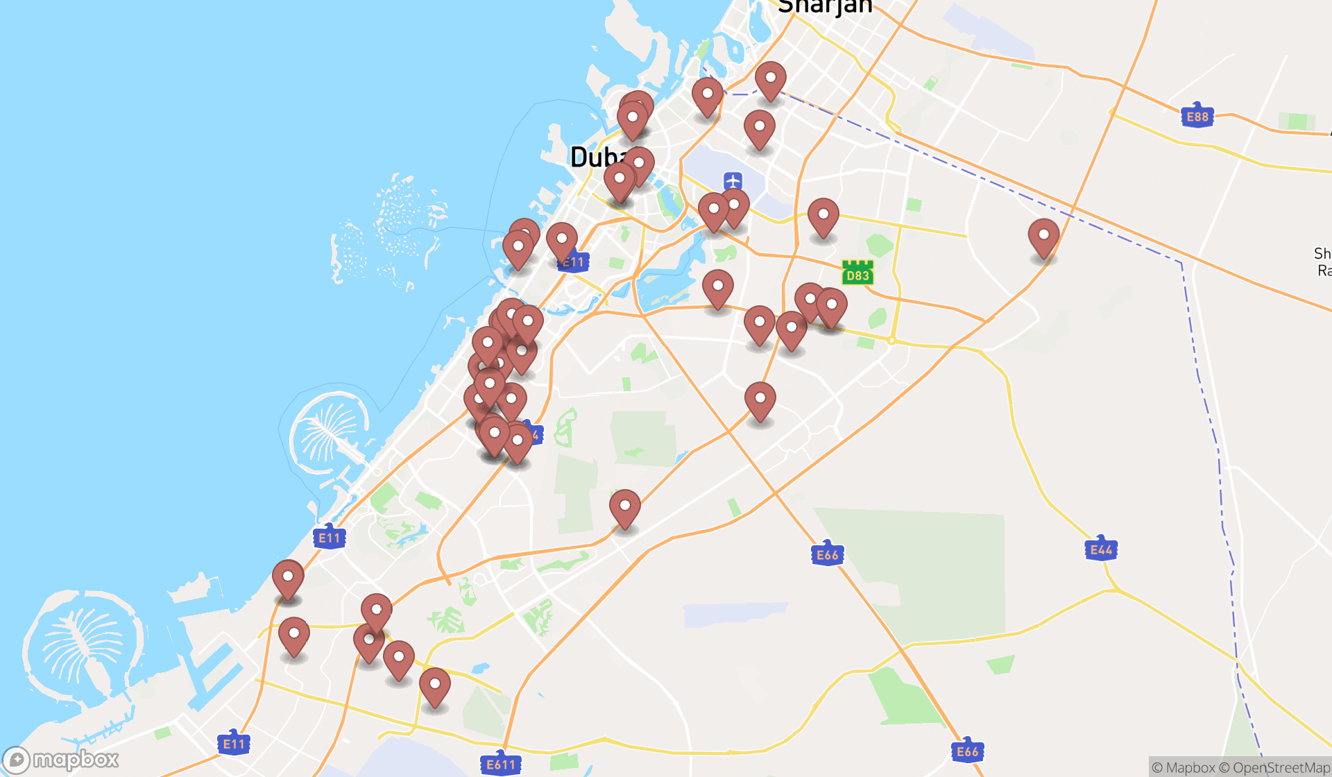 Map showing the search results in Dubai