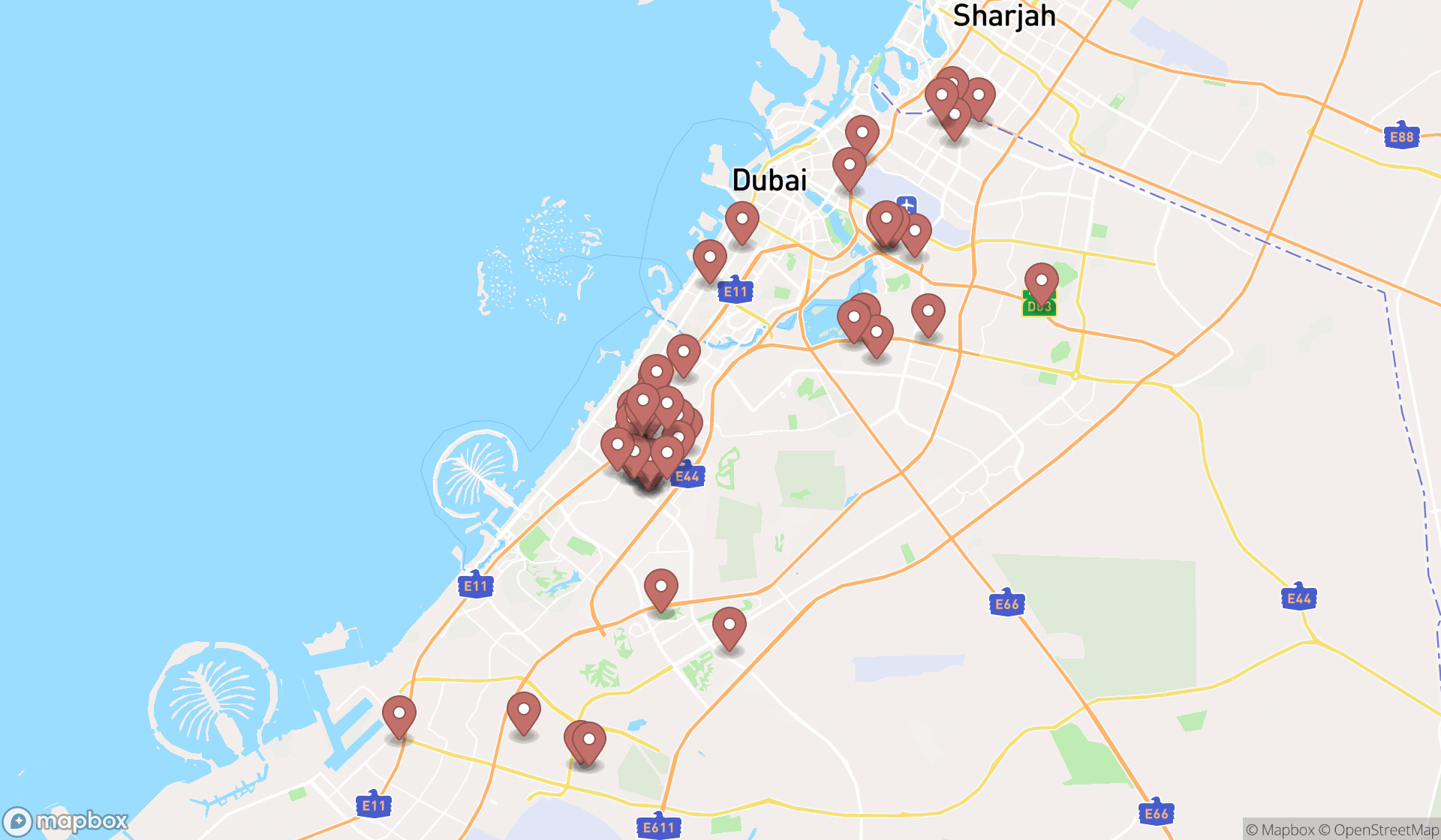 Map showing the search results in Dubai