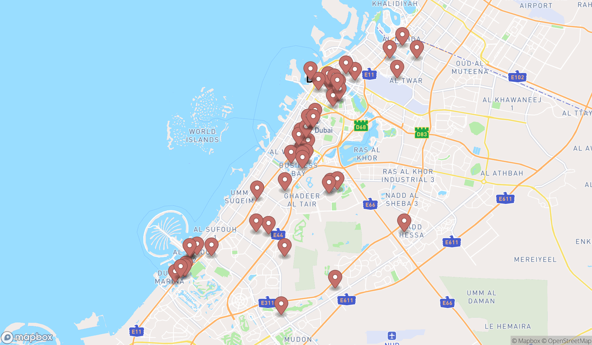 Map showing the search results in Dubai