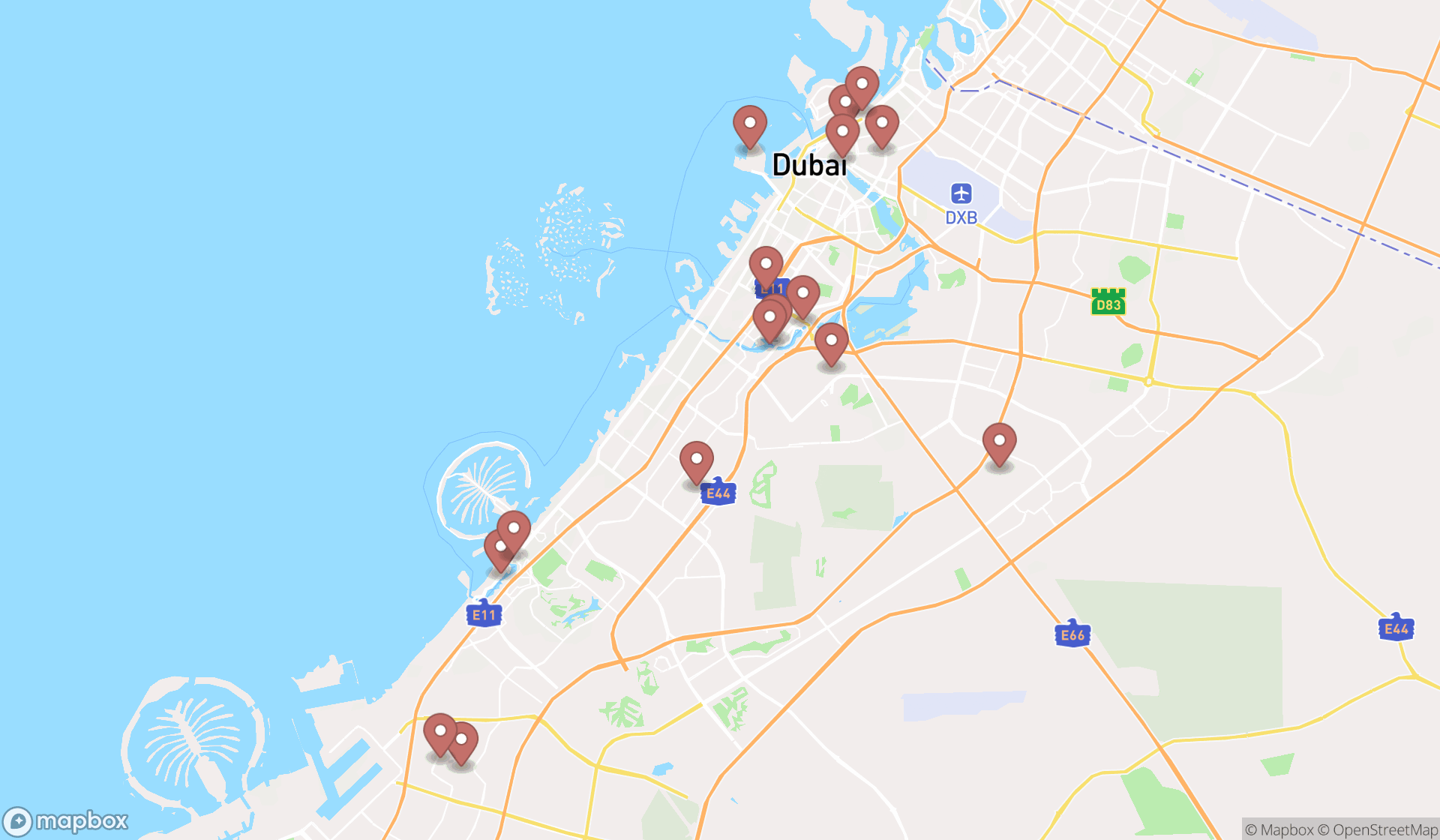 Map showing the search results in Dubai