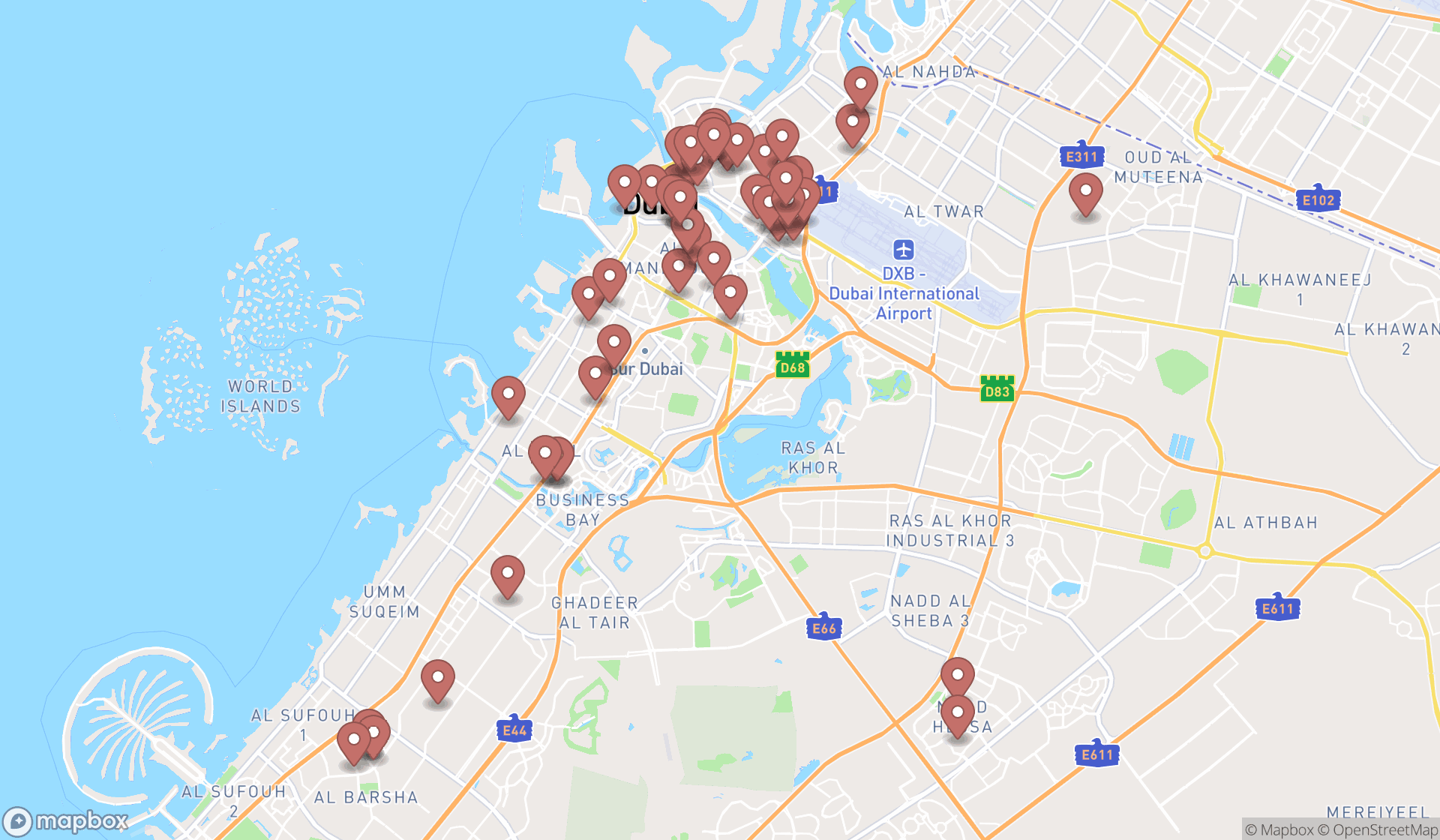 Map showing the search results in Dubai