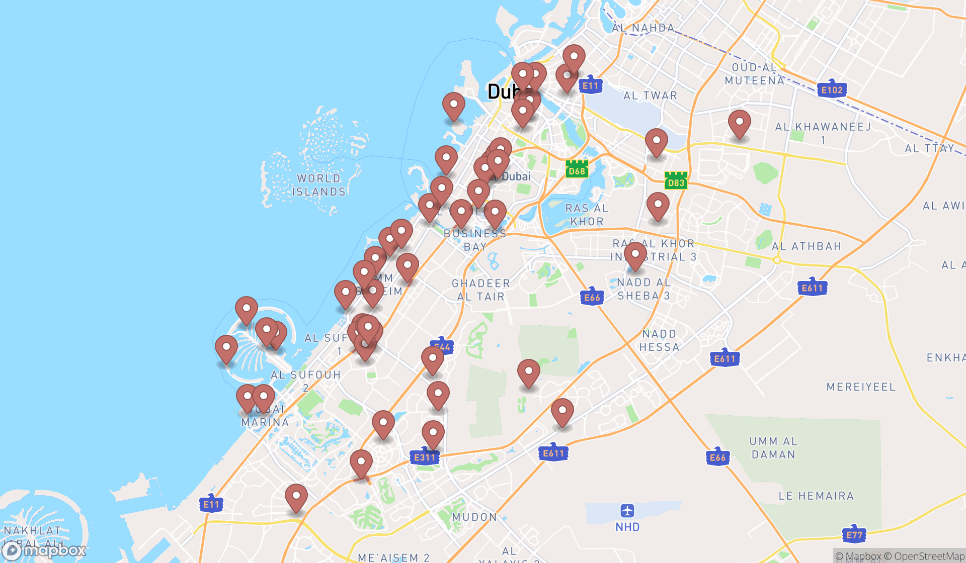 Map showing the search results in Dubai