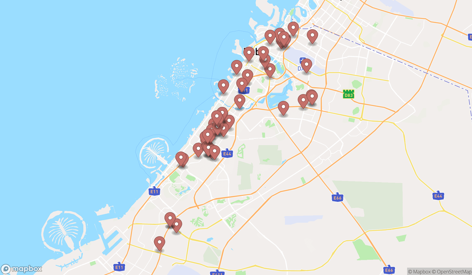 Map showing the search results in Dubai