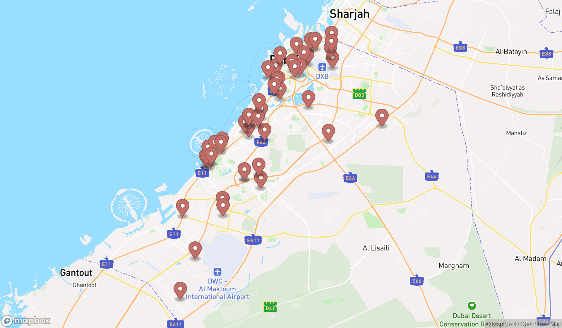 Map showing the search results in Dubai