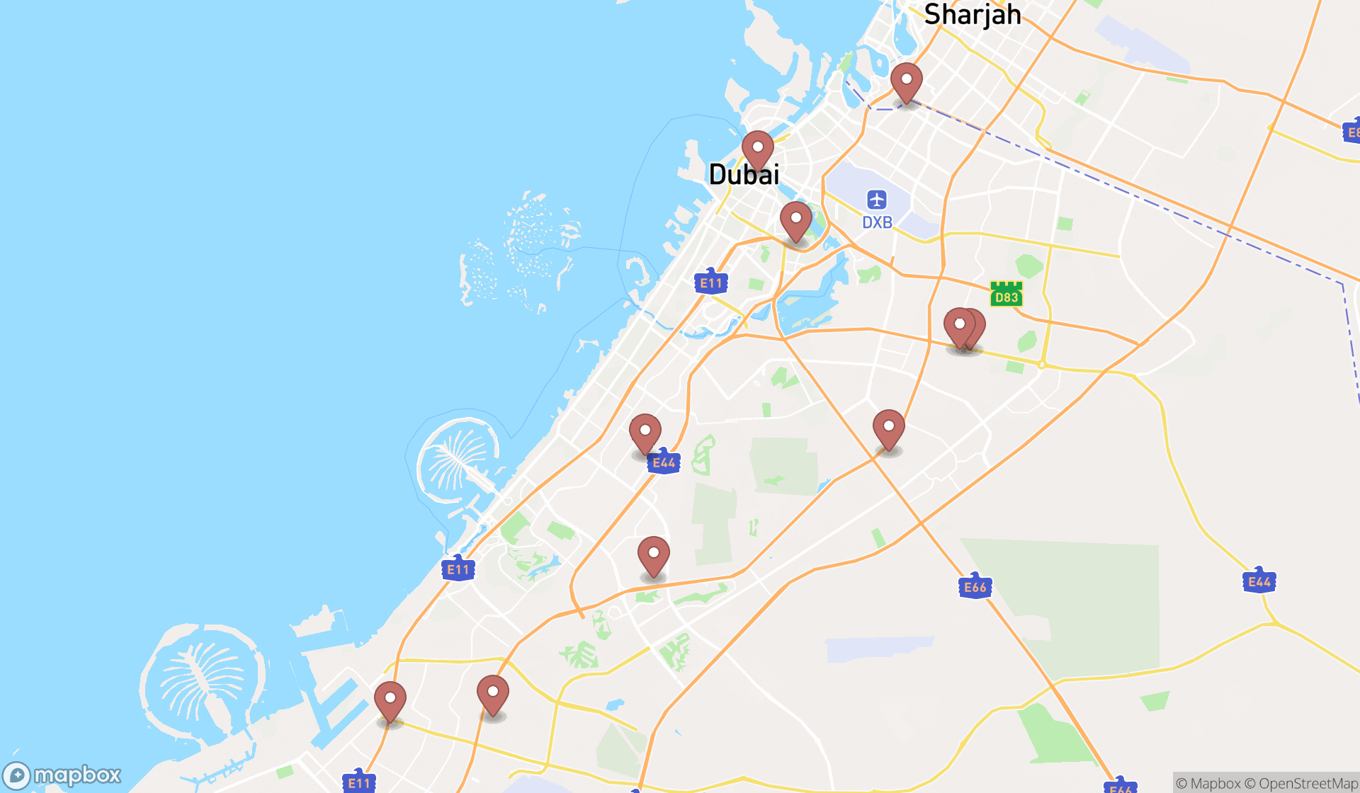 Map showing the search results in Dubai