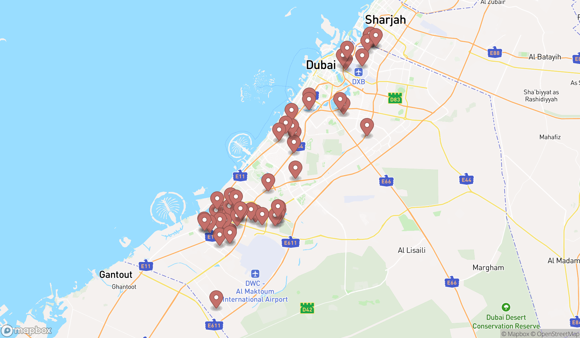 Map showing the search results in Dubai