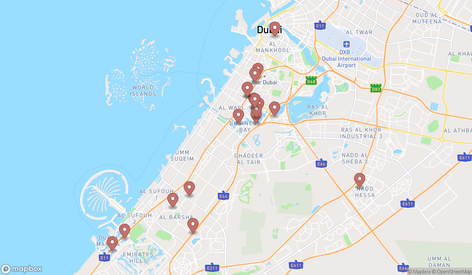 Map showing the search results in Dubai