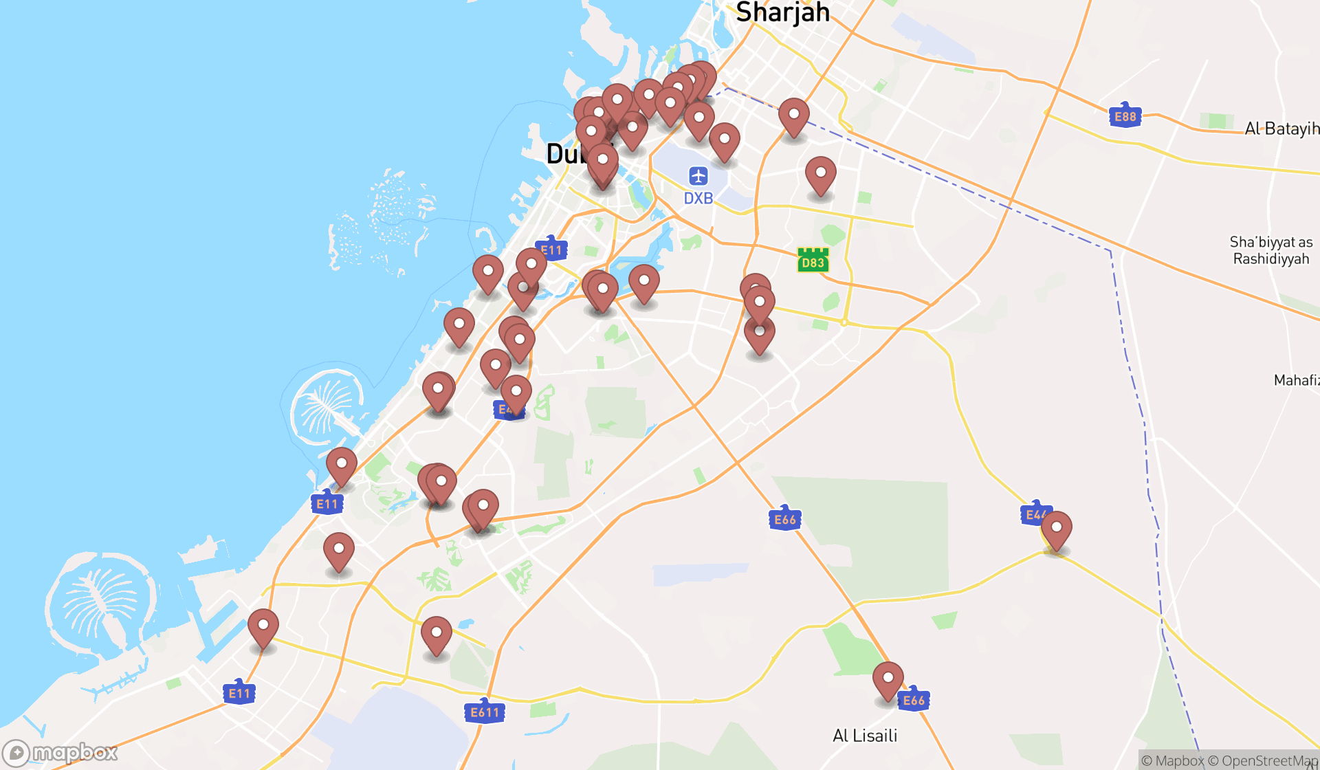 Map showing the search results in Dubai