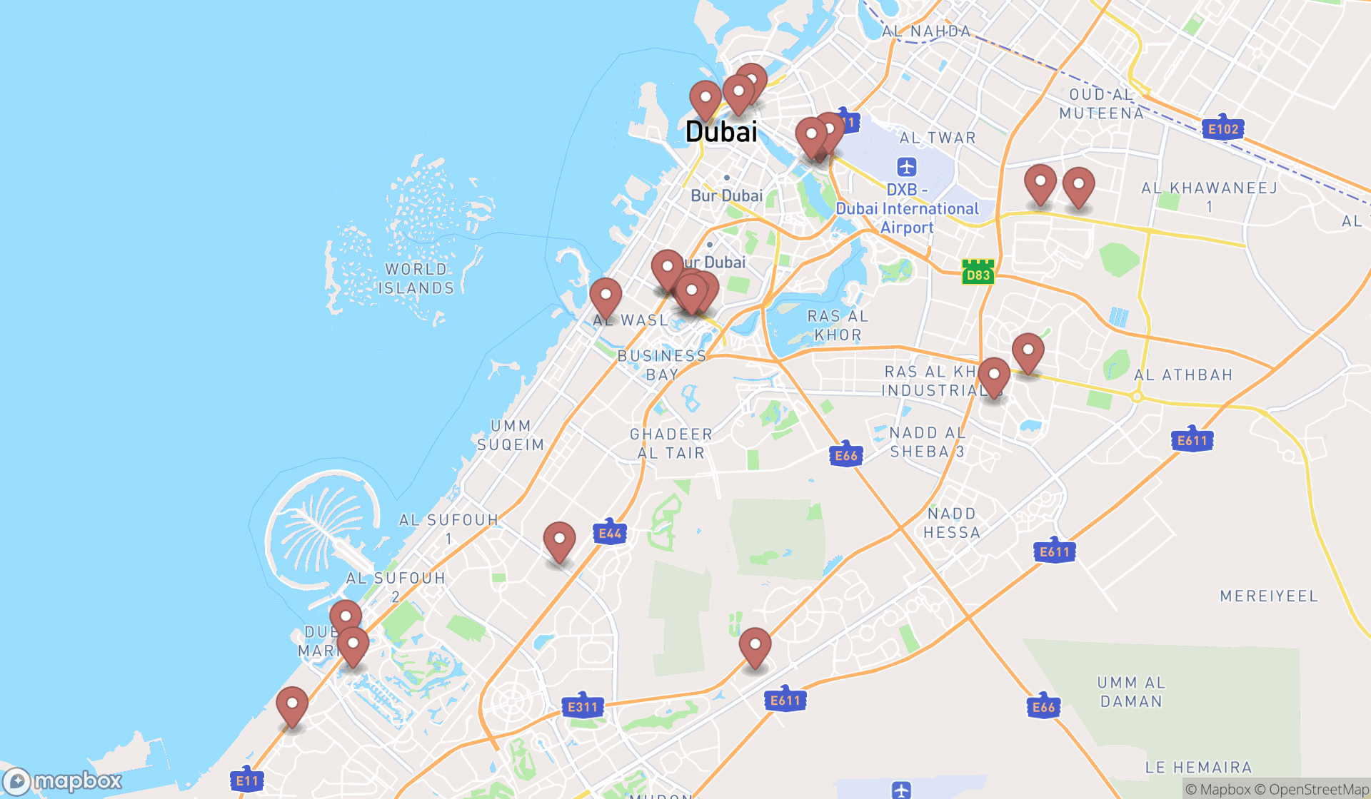 Map showing the search results in Dubai