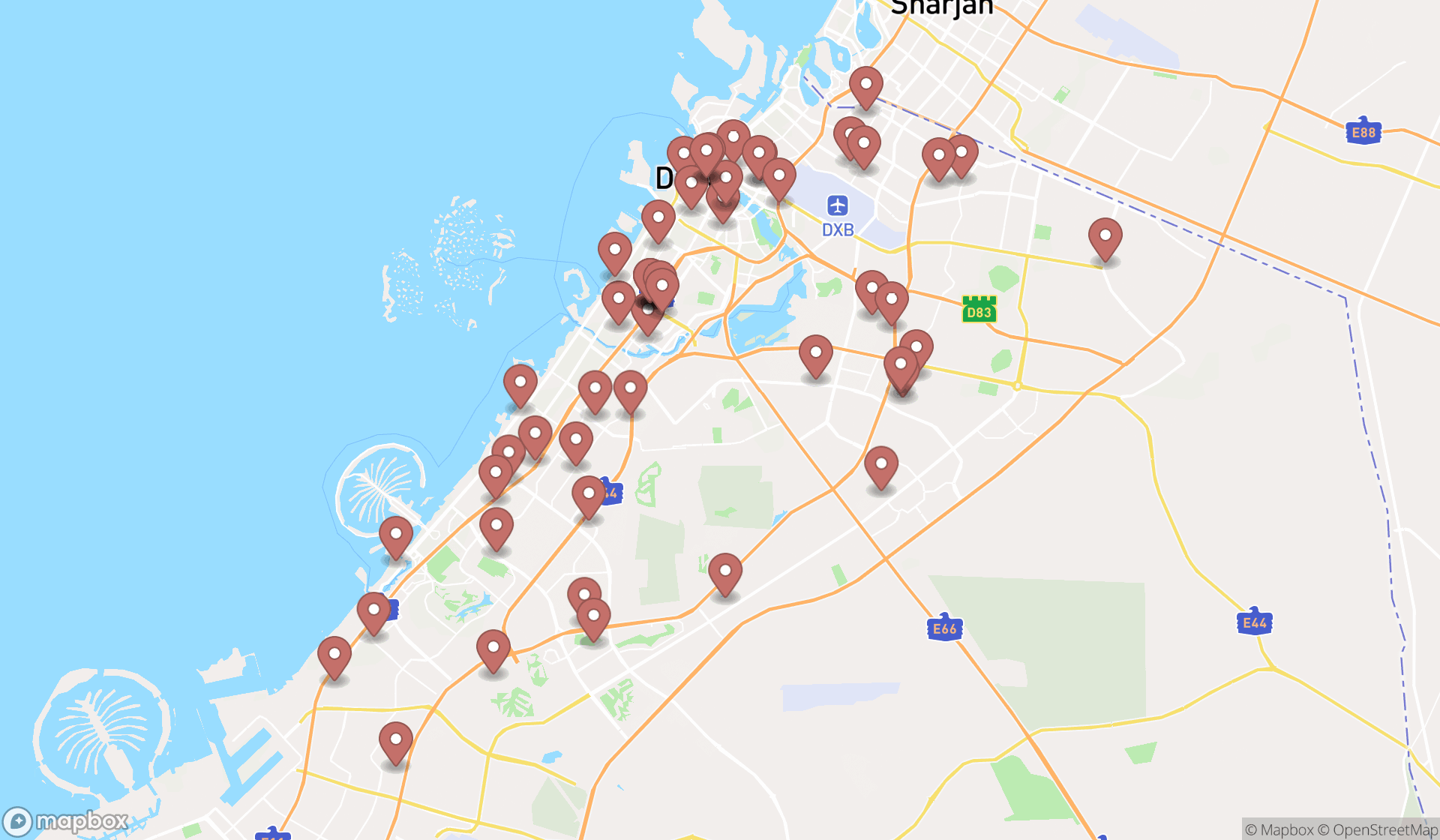 Map showing the search results in Dubai