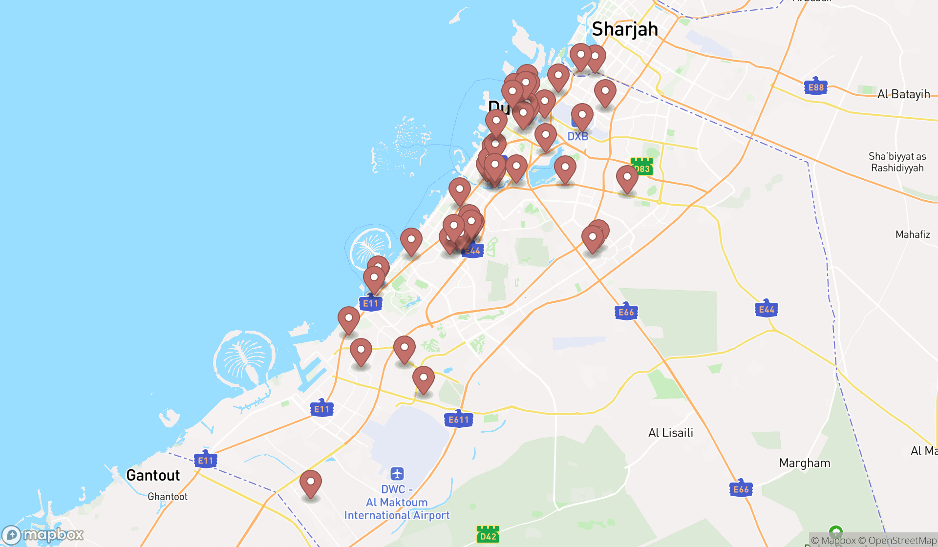 Map showing the search results in Dubai