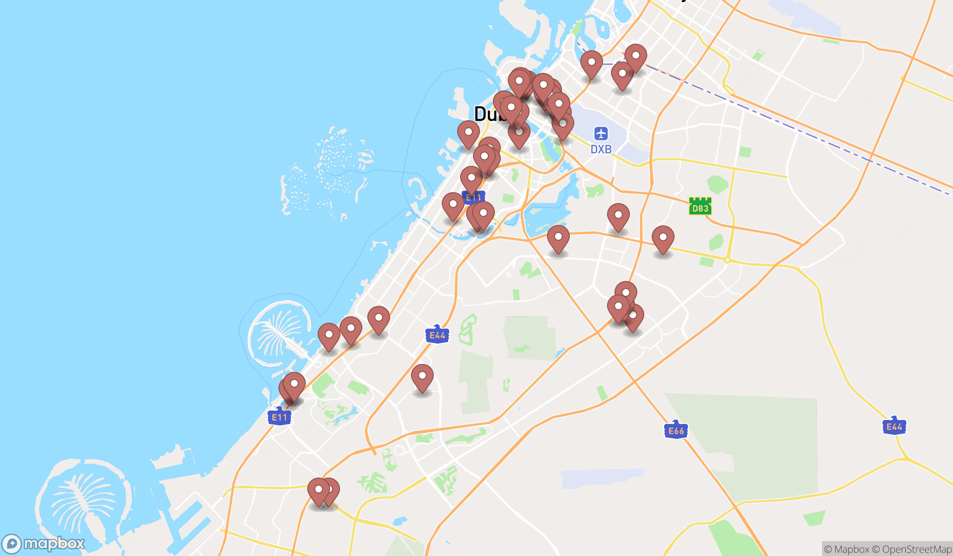 Map showing the search results in Dubai