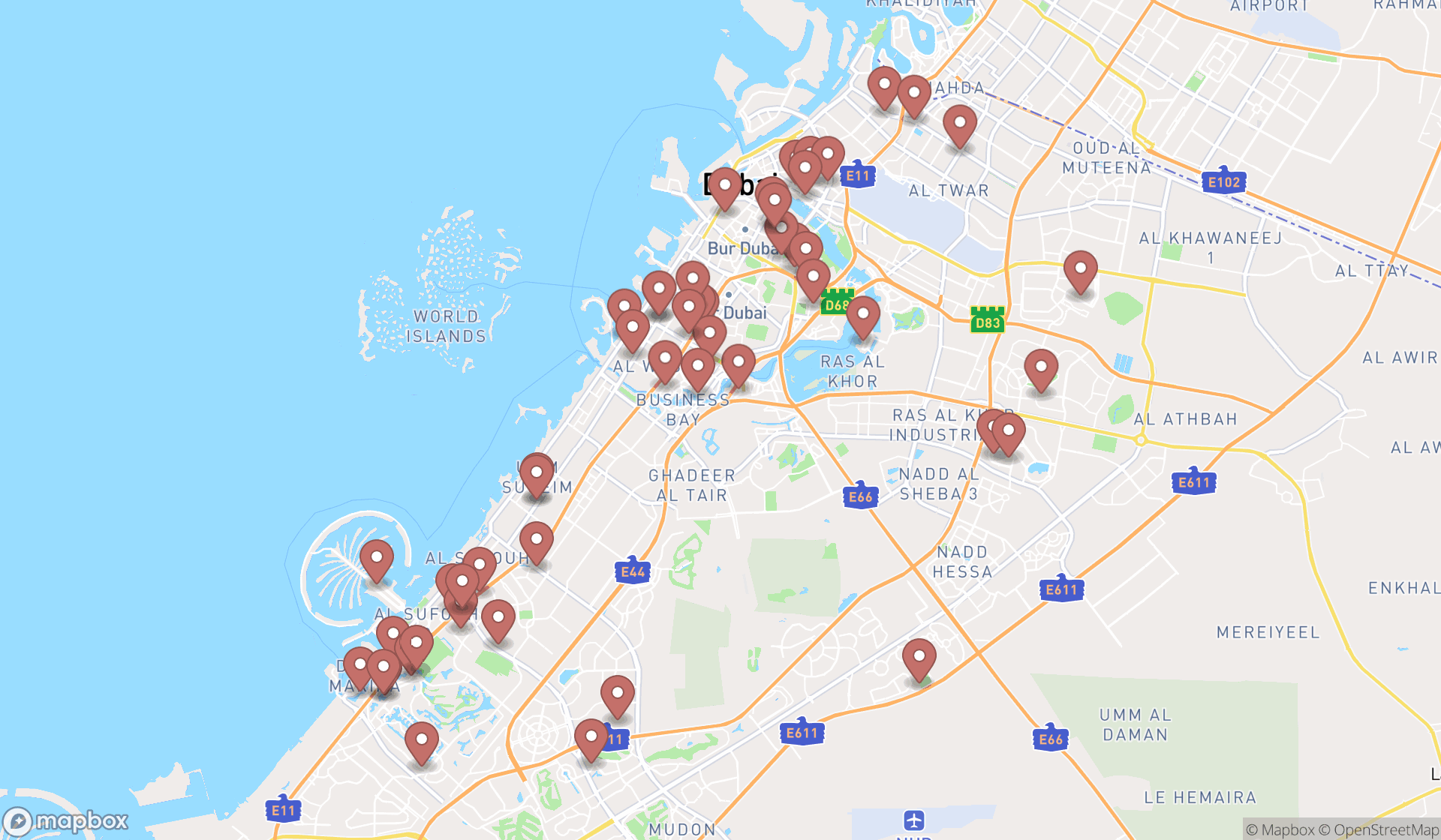 Map showing the search results in Dubai