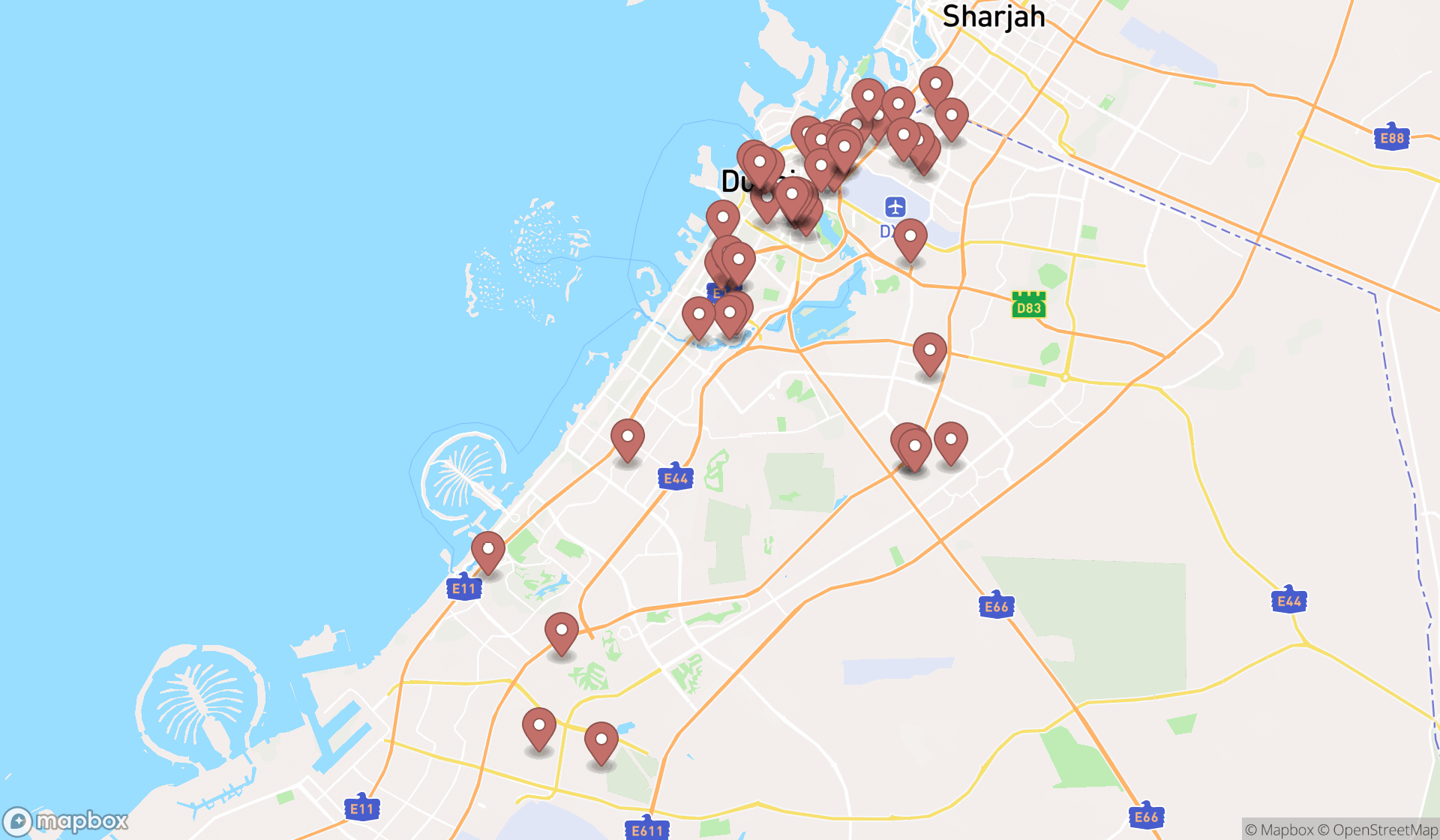 Map showing the search results in Dubai