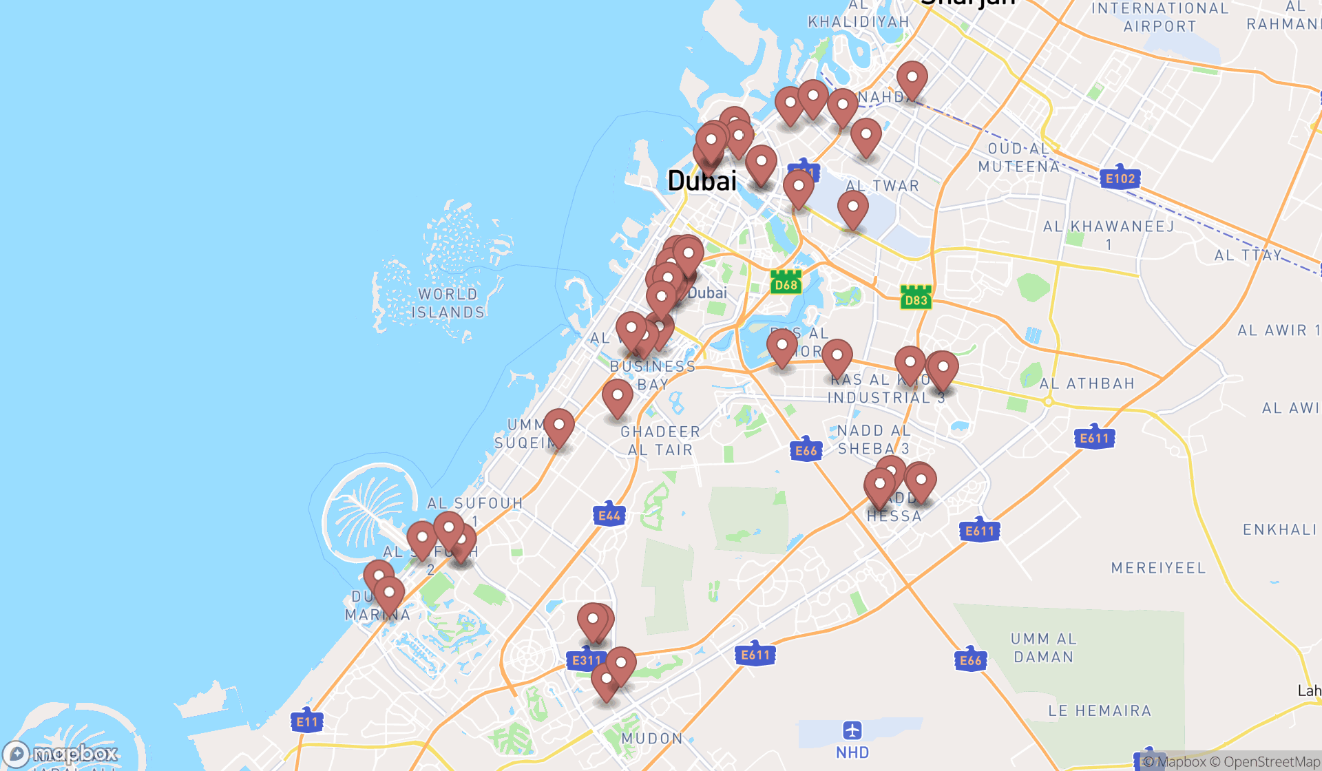 Map showing the search results in Dubai