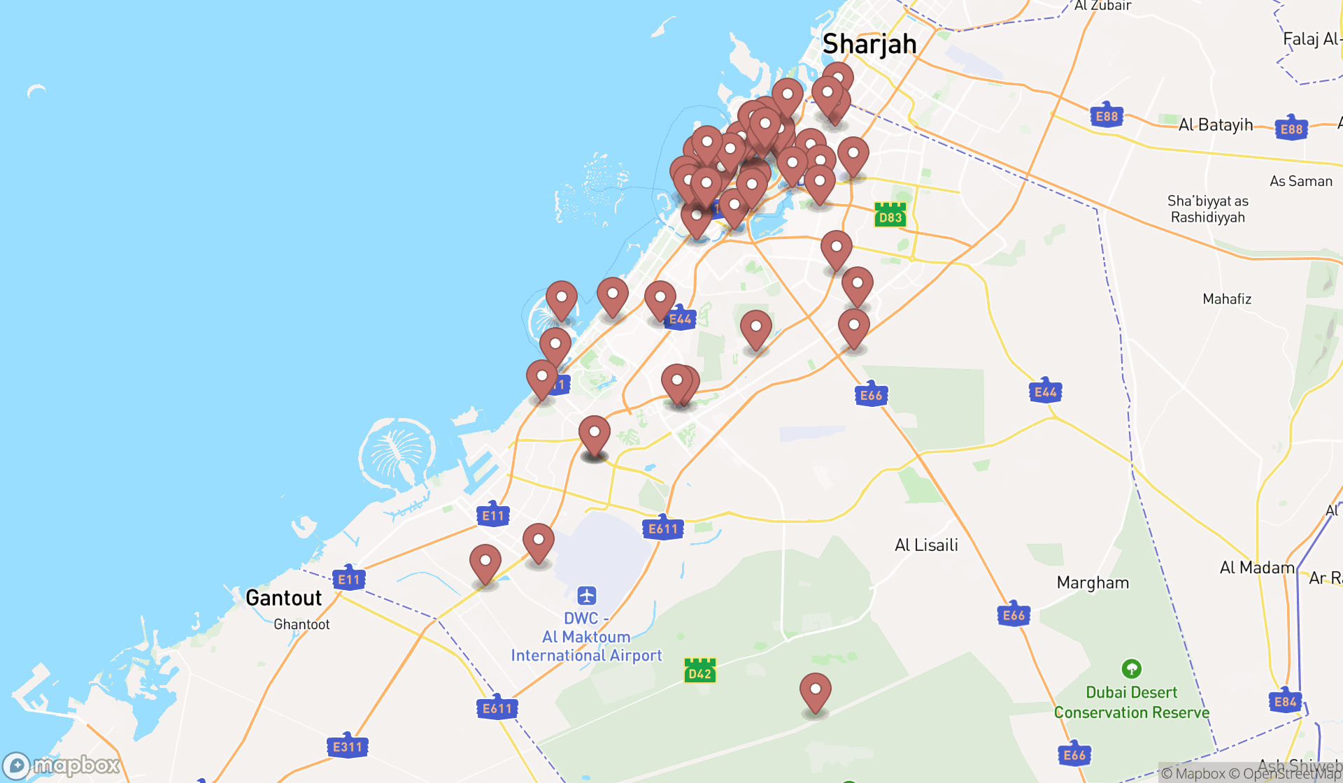 Map showing the search results in Dubai