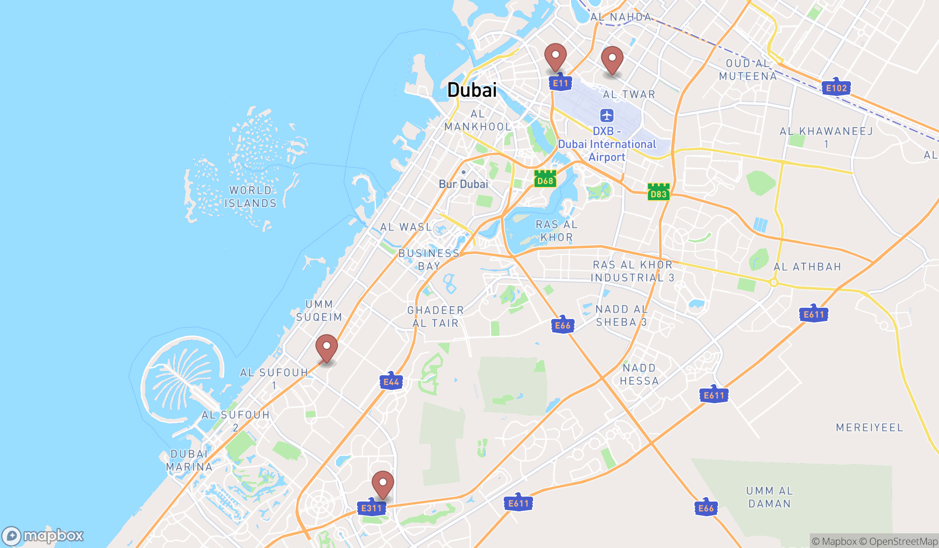 Map showing the search results in Dubai