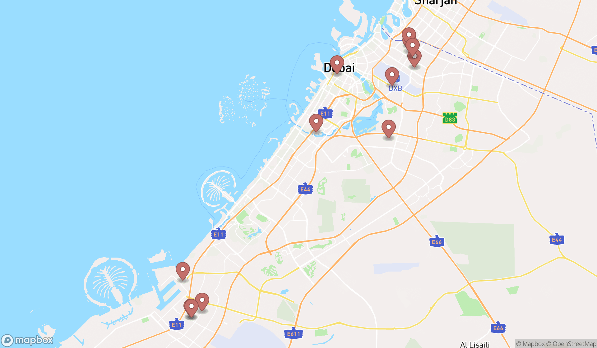 Map showing the search results in Dubai