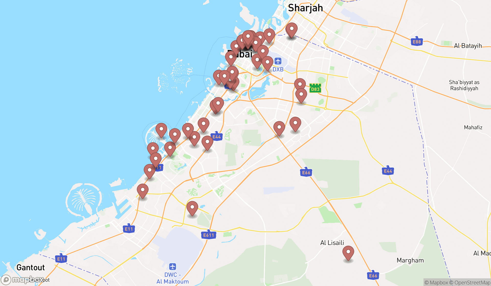 Map showing the search results in Dubai