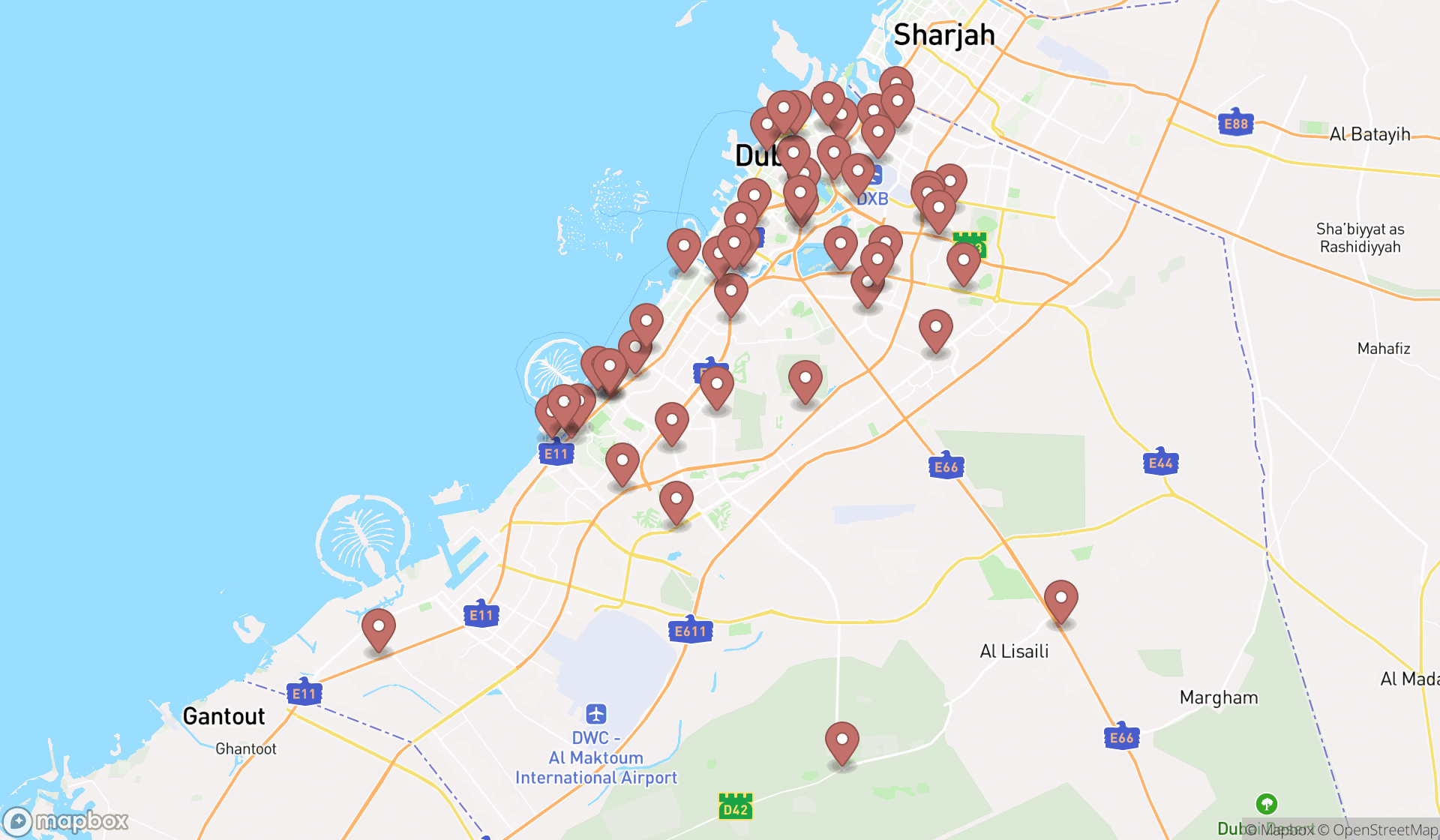 Map showing the search results in Dubai