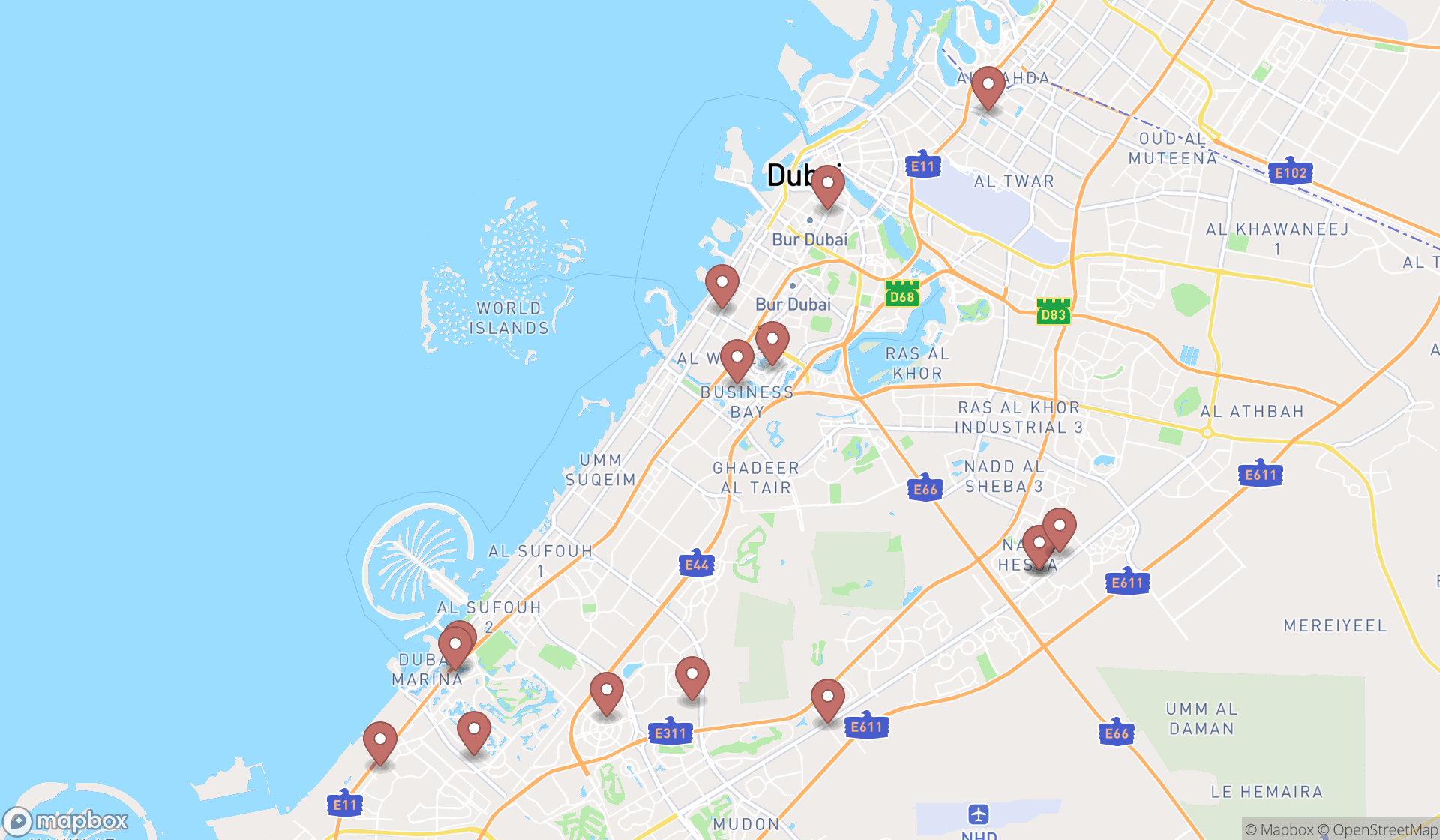 Map showing the search results in Dubai