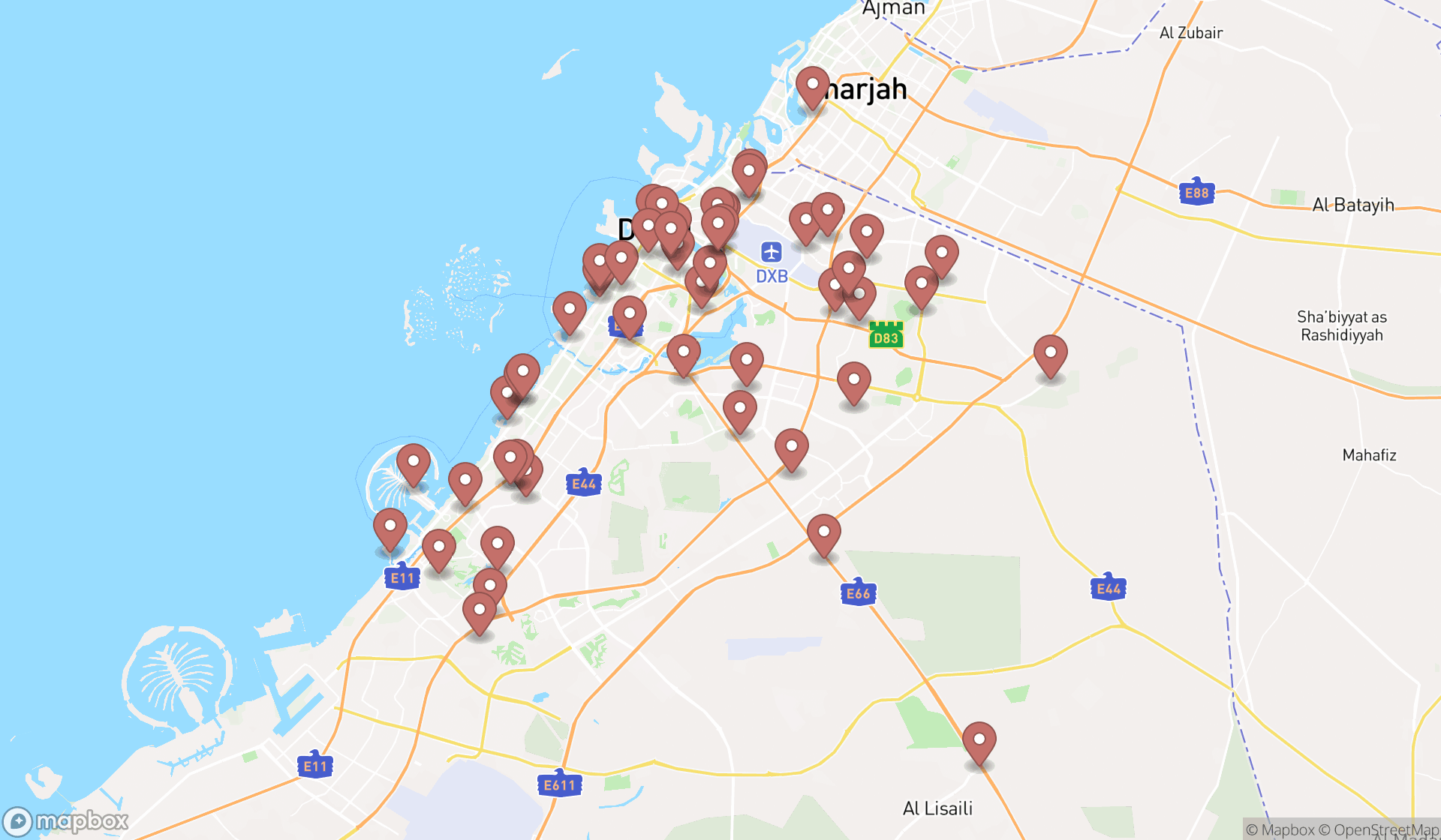 Map showing the search results in Dubai
