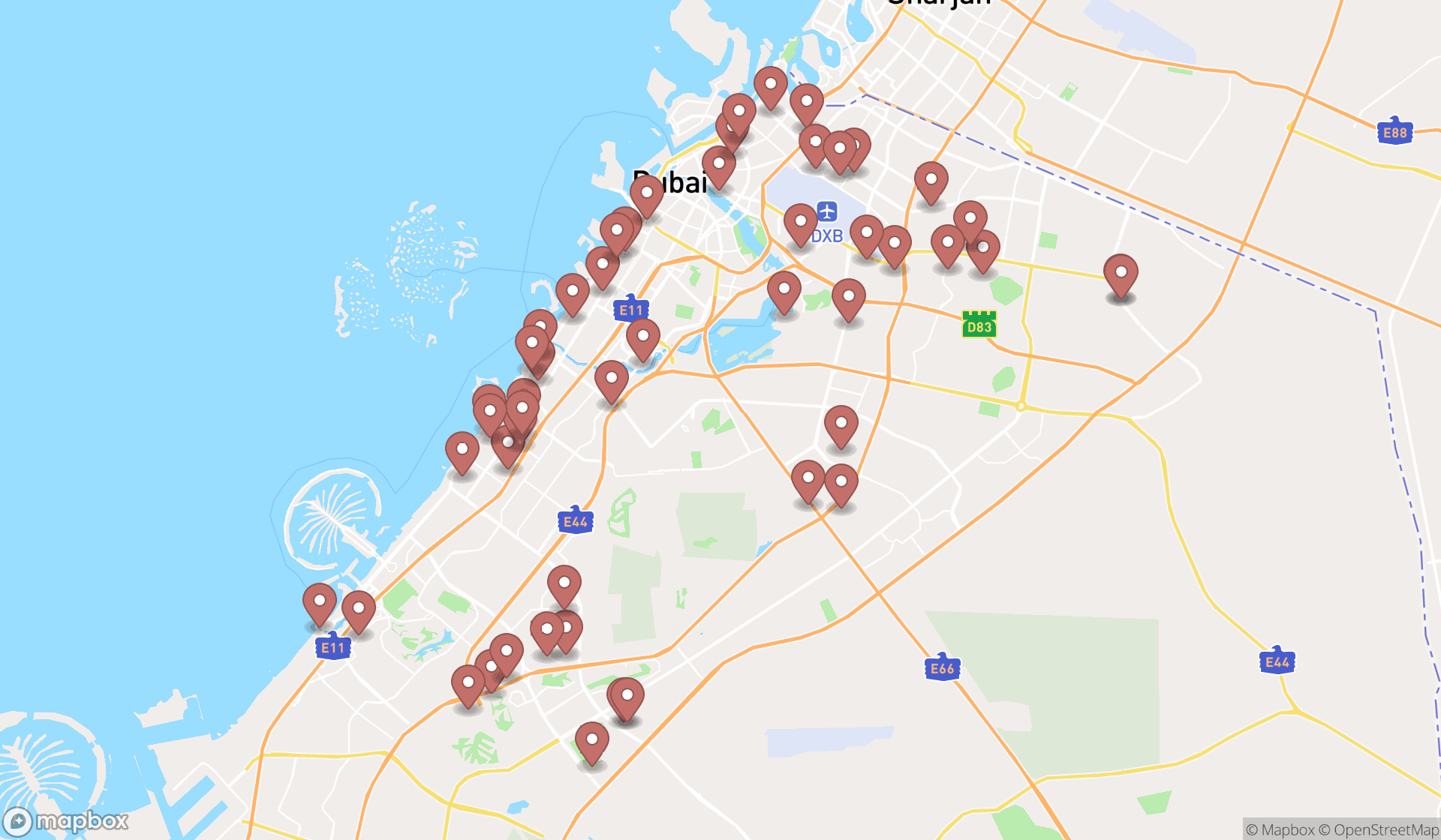 Map showing the search results in Dubai