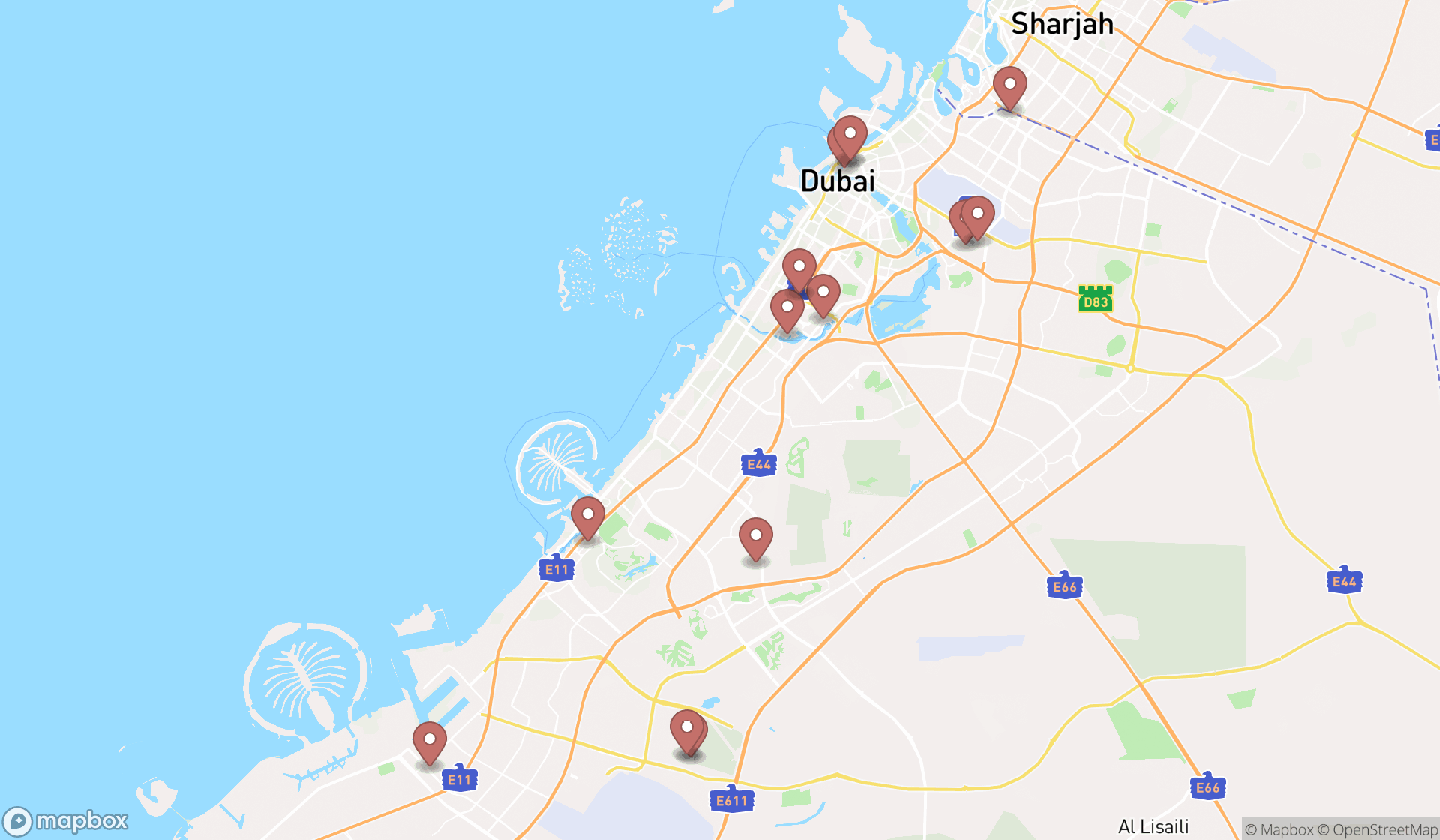 Map showing the search results in Dubai