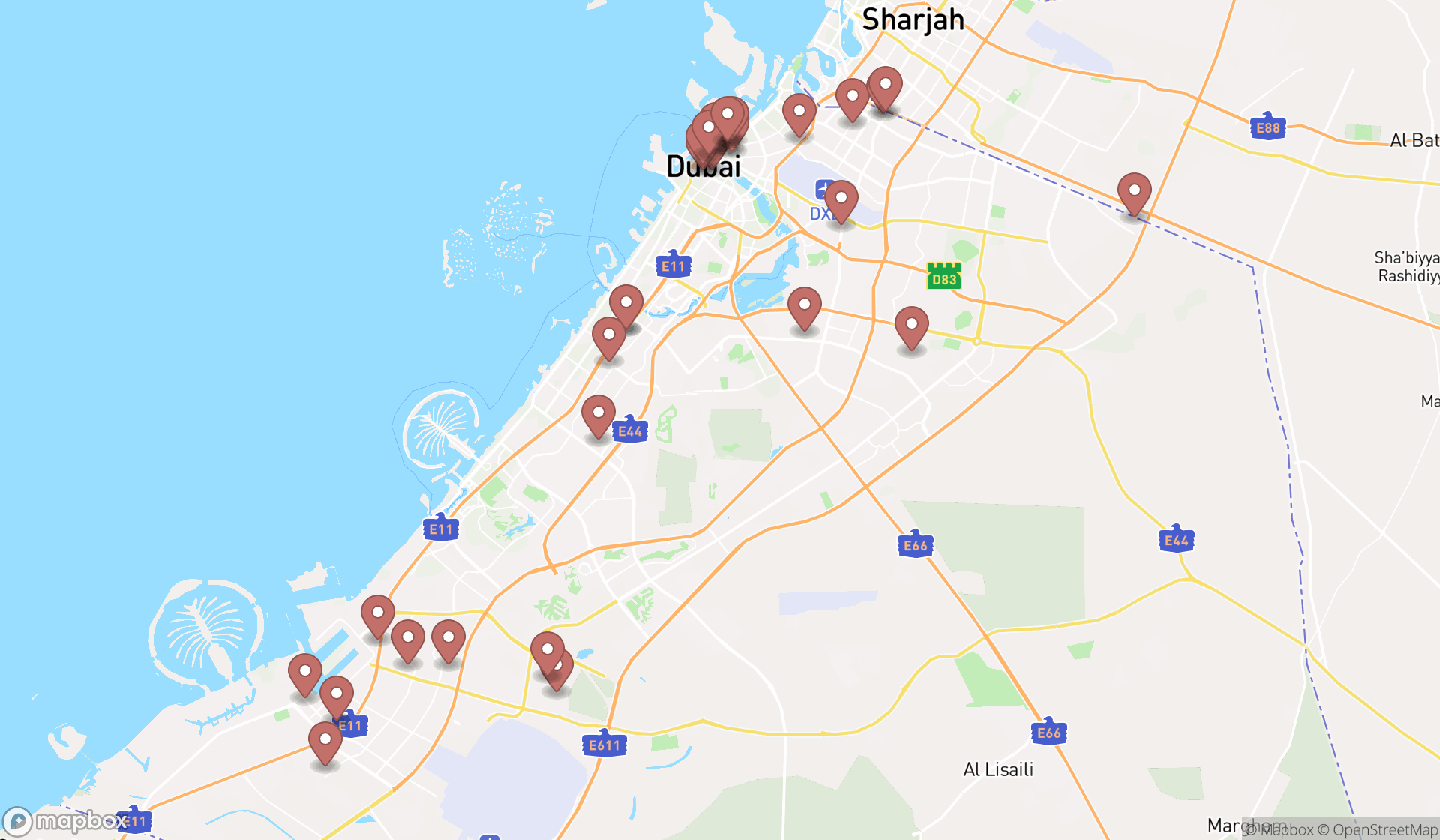 Map showing the search results in Dubai