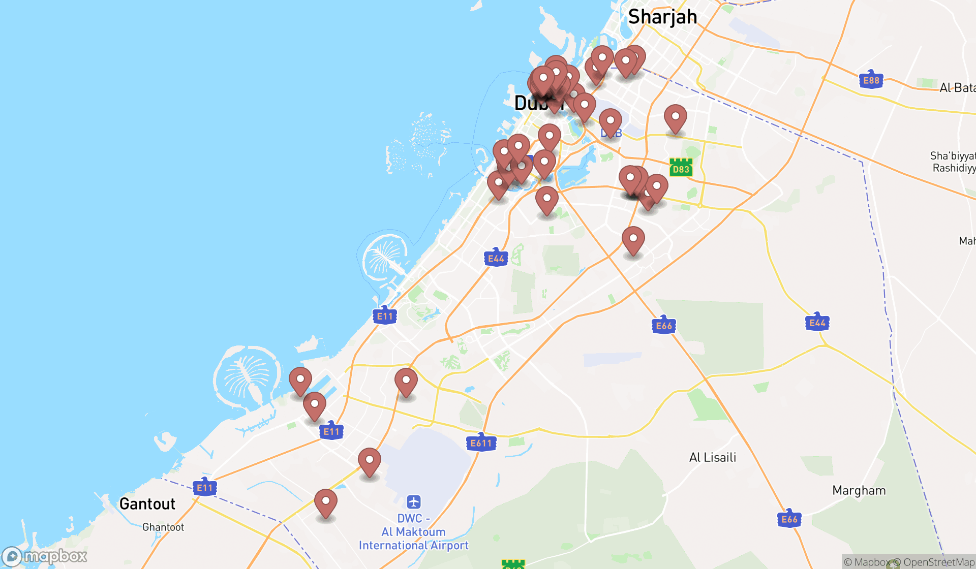 Map showing the search results in Dubai