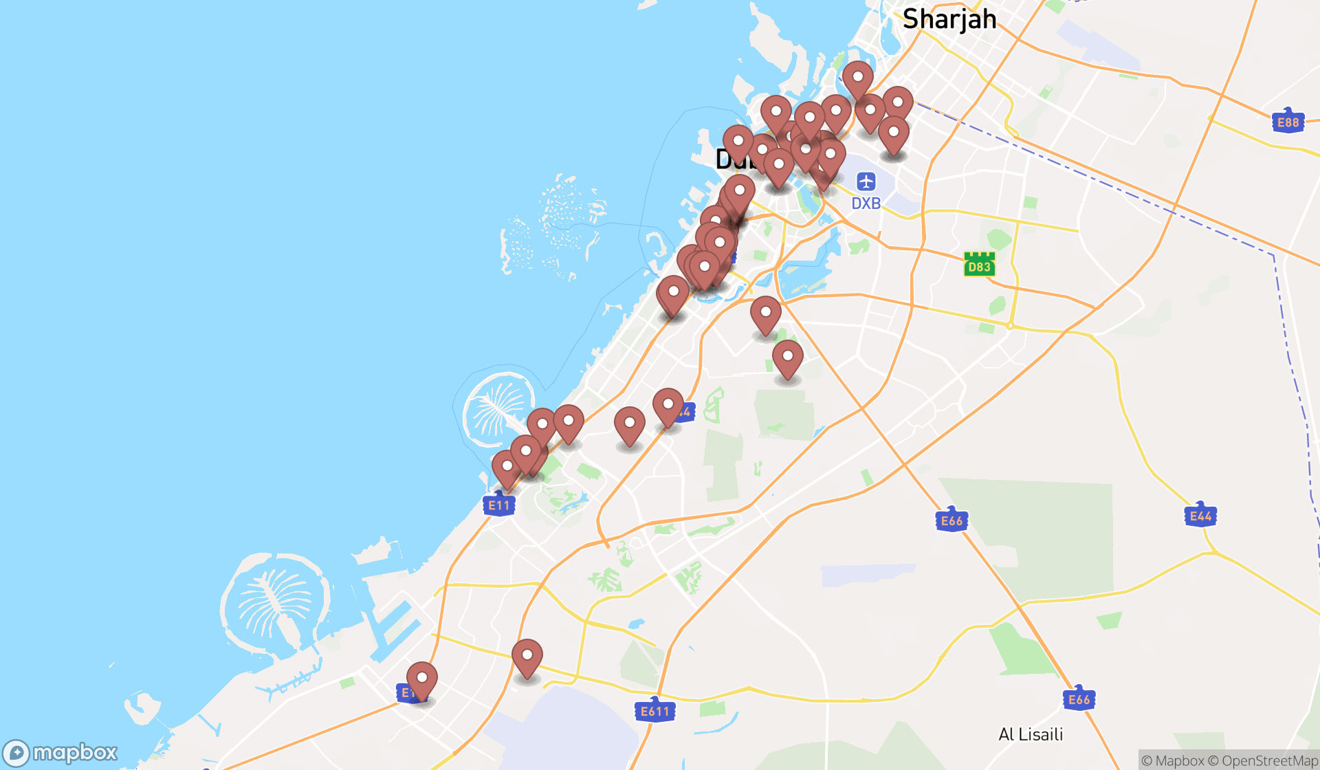 Map showing the search results in Dubai