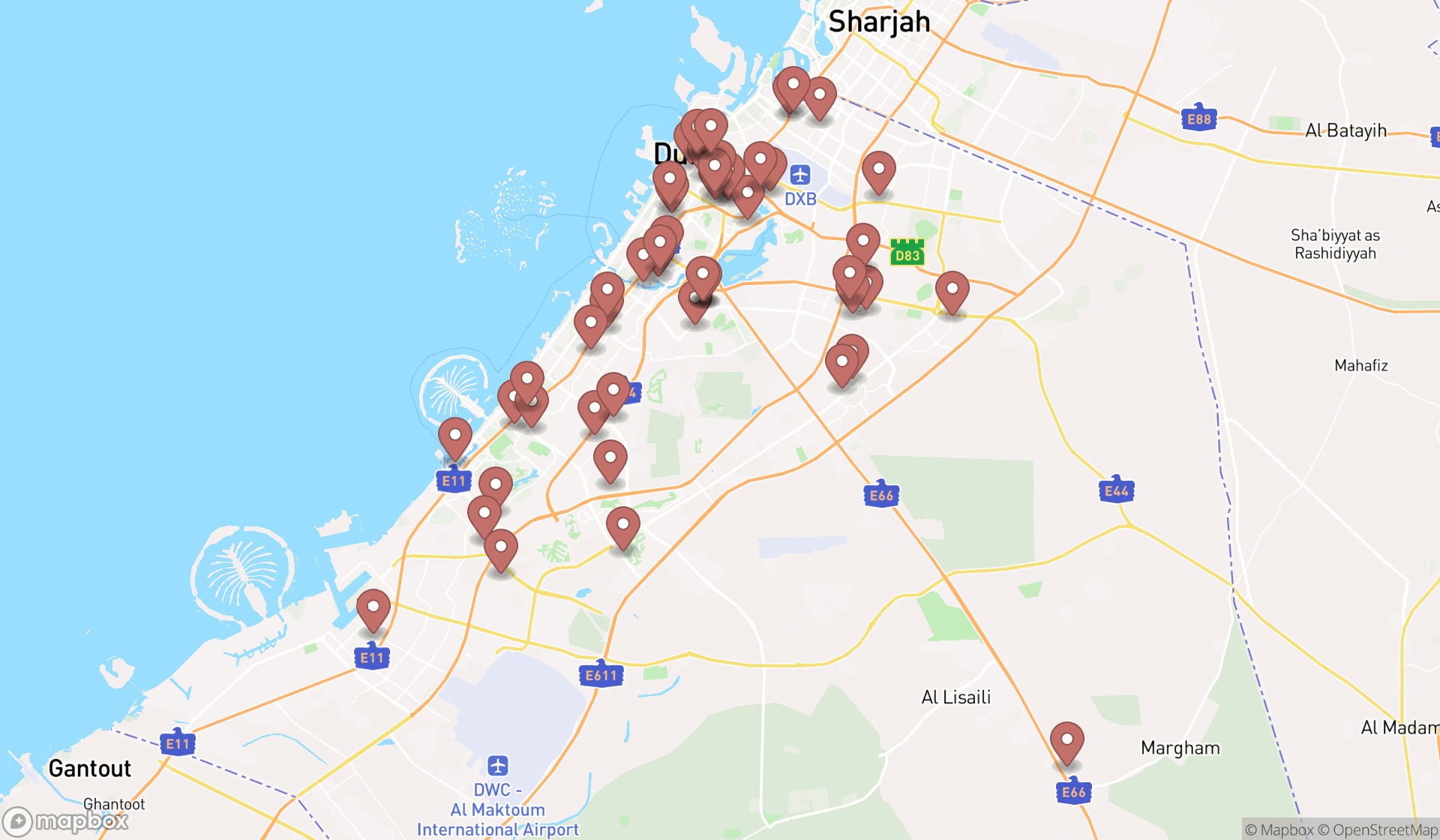 Map showing the search results in Dubai