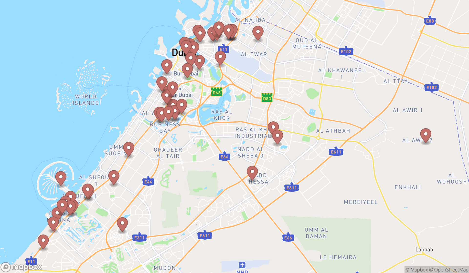 Map showing the search results in Dubai