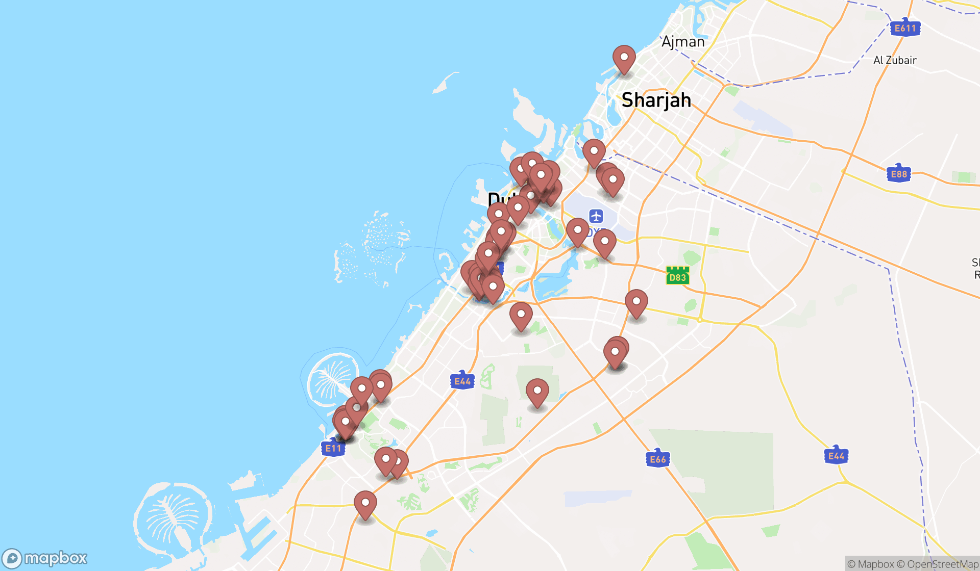 Map showing the search results in Dubai